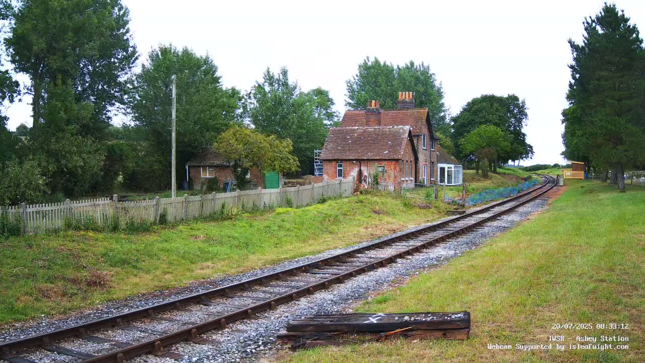 A brick house and smaller building sit beside a railway track that curves gently to the right, surrounded by green grass and trees under an overcast sky.