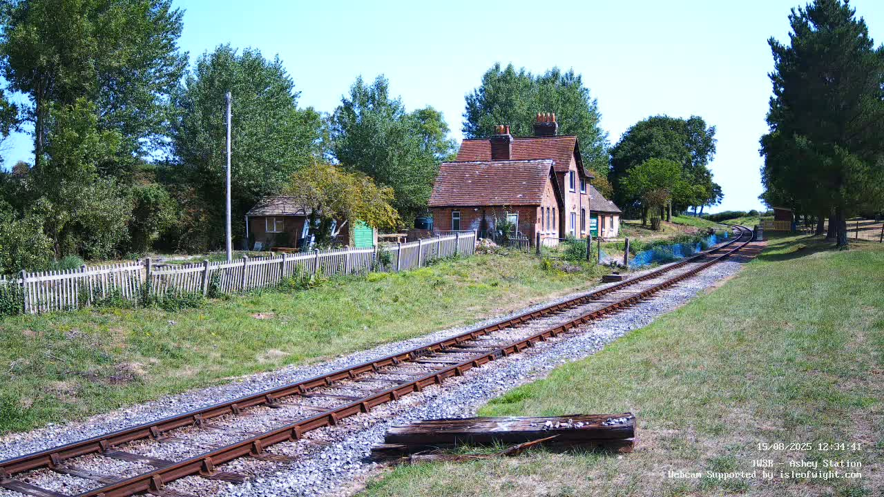A railway track on a sunny day extends toward a small house and trees beyond a grassy embankment.