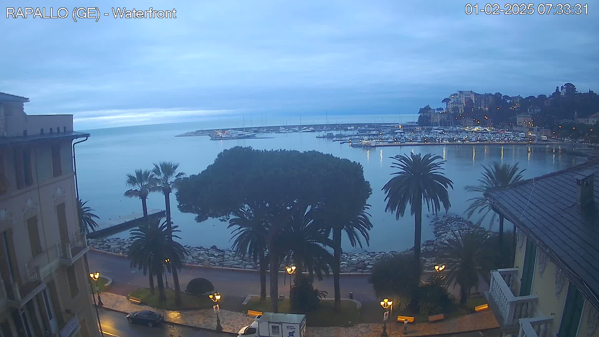 A waterfront view at dawn shows a calm harbor filled with boats, palm trees lining a paved walkway, and buildings on a hillside under a cloudy sky.