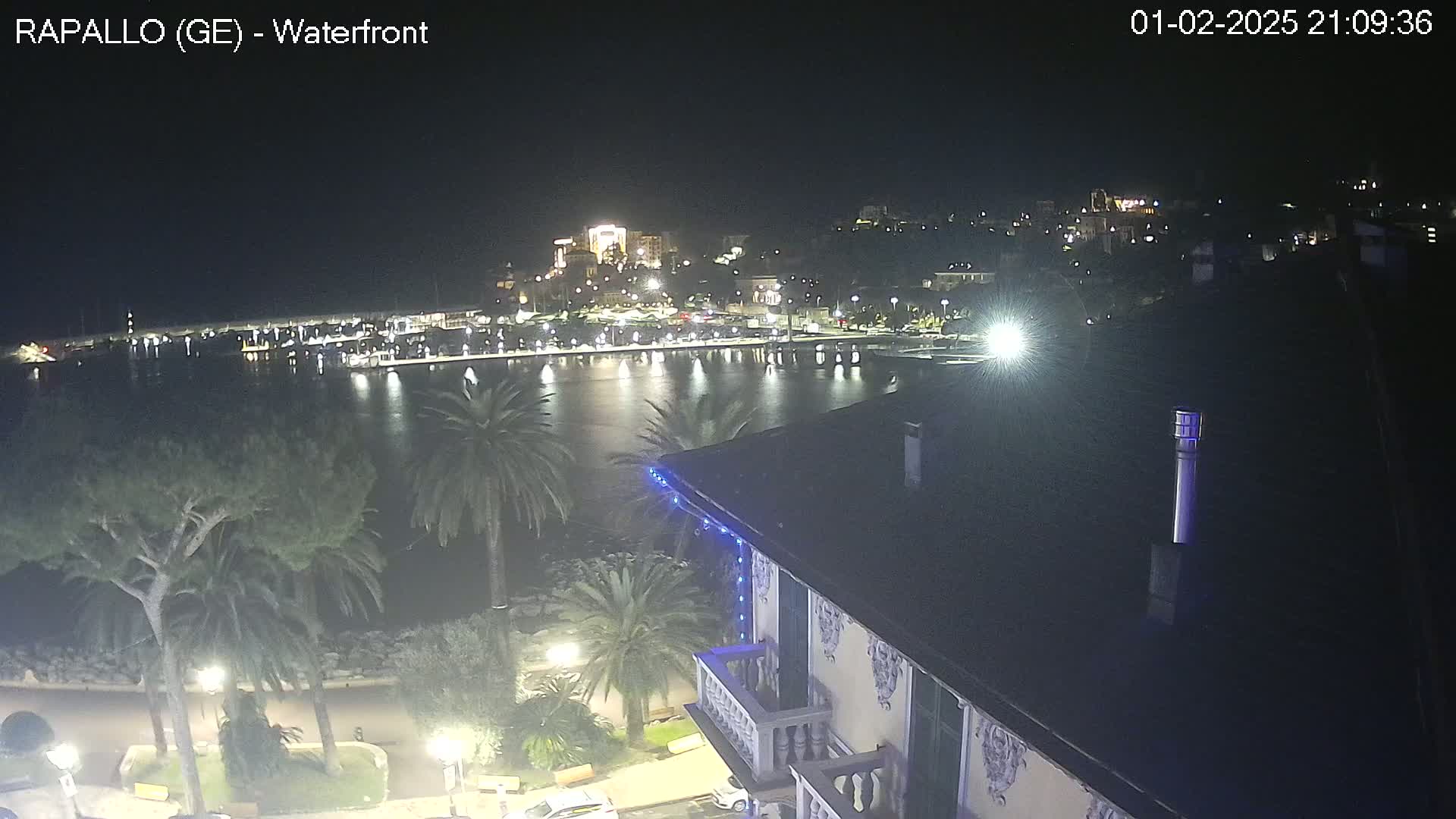 A nighttime view of a harbor with boats, illuminated buildings on a hillside, and palm trees lining a waterfront promenade, seen from a building with blue lights.