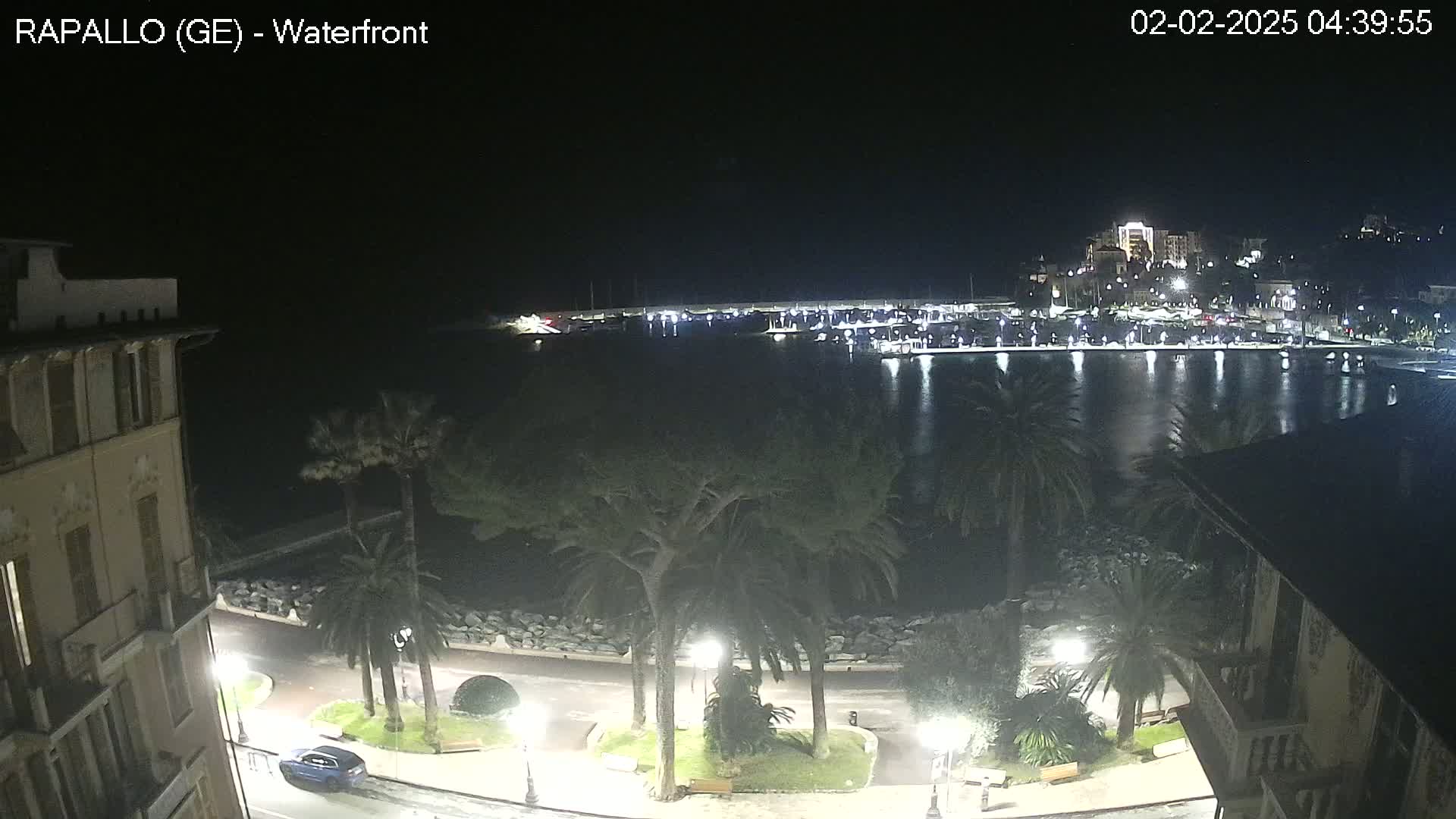 A nighttime view of a calm harbor with boats, a waterfront promenade lined with palm trees and buildings, and a single car visible on the road.