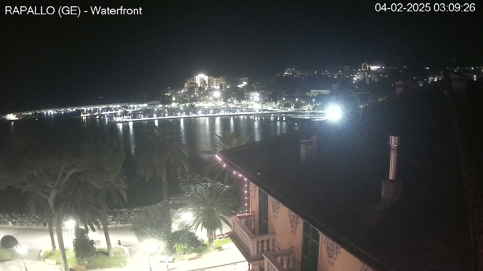A nighttime view of a waterfront town with a harbor full of boats, palm trees lining a promenade, and a building with a balcony in the foreground.