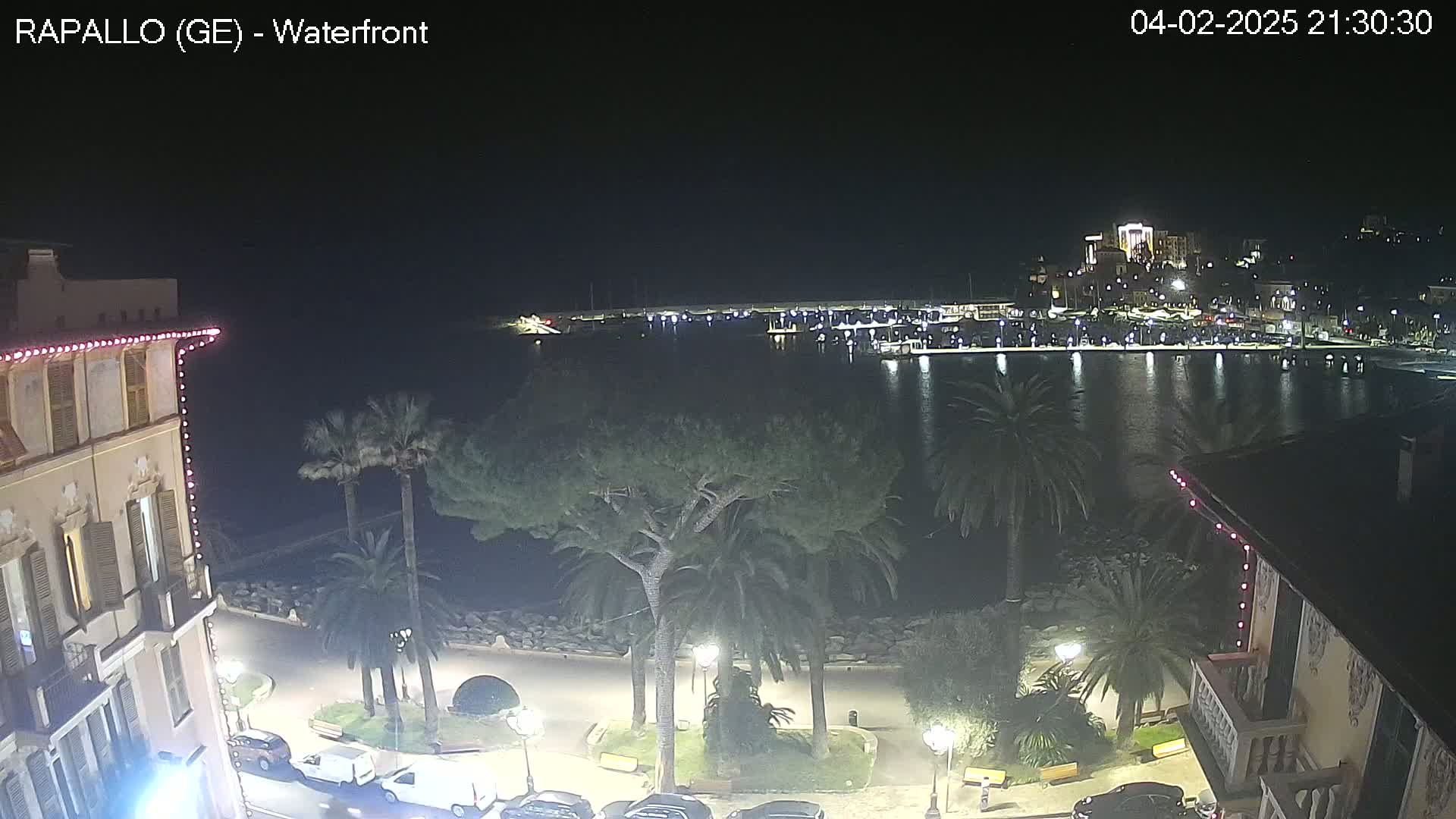 A nighttime view of a waterfront town with palm trees, buildings illuminated with lights, and a calm harbor filled with boats.