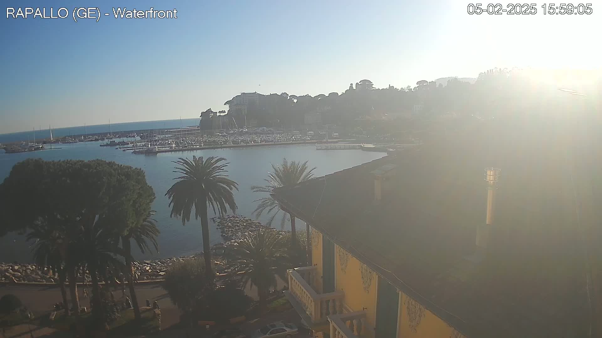 A hazy sun shines over a harbor filled with boats, a town nestled on a hill overlooking the water, and palm trees lining a waterfront promenade visible from a yellow building's balcony.