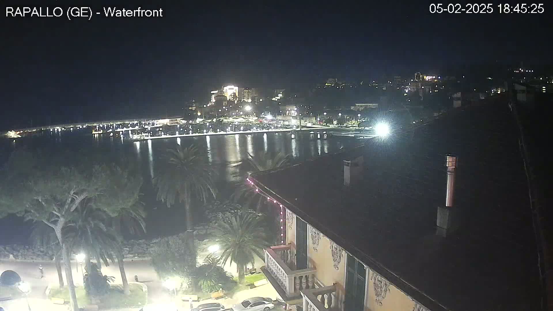 A nighttime view of a waterfront town with calm water reflecting city lights, palm trees lining a walkway, and a building with a balcony in the foreground.