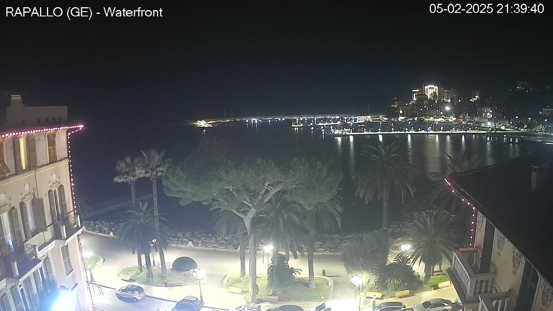 A nighttime view of a harbor with boats, palm trees, and buildings along a waterfront promenade under a clear, dark sky.
