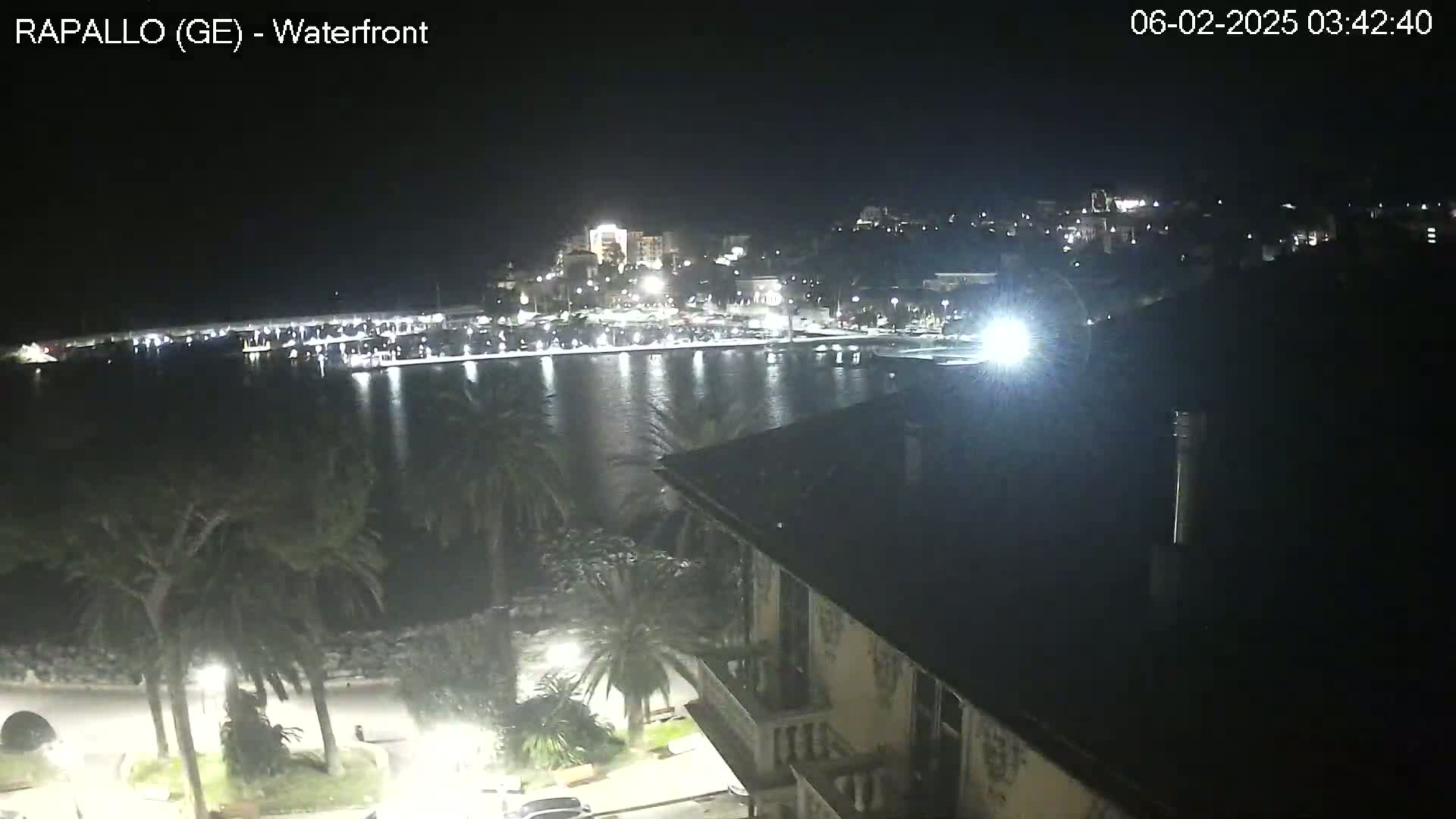 A nighttime view of a waterfront town with palm trees lining a calm body of water, as seen from an elevated position overlooking a building.