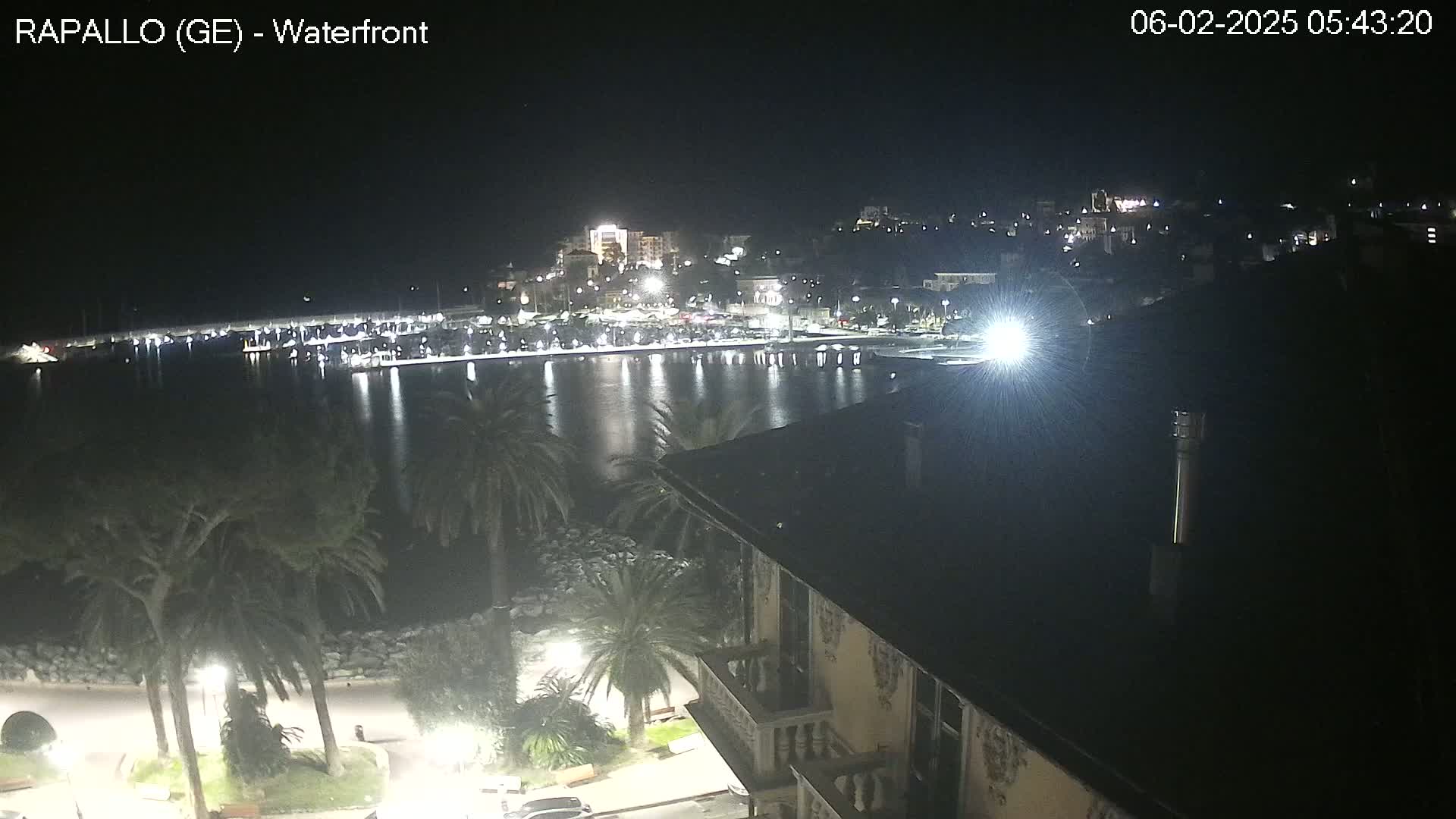 A nighttime view of a harbor town's waterfront, showing calm water reflecting lights from buildings and boats, with palm trees and a building in the foreground.