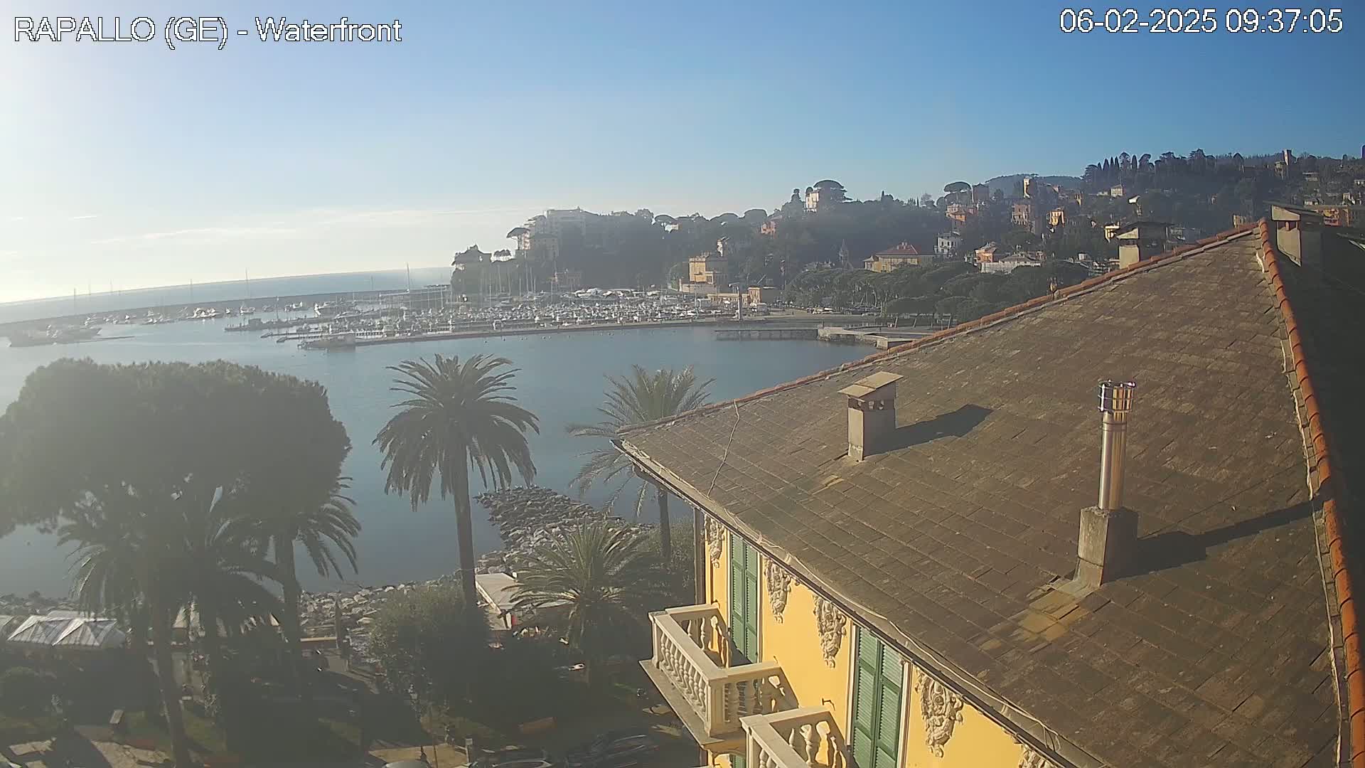 A waterfront view on a clear, sunny day shows a harbor full of boats, a hillside town, and palm trees surrounding a yellow building with a sloped roof.