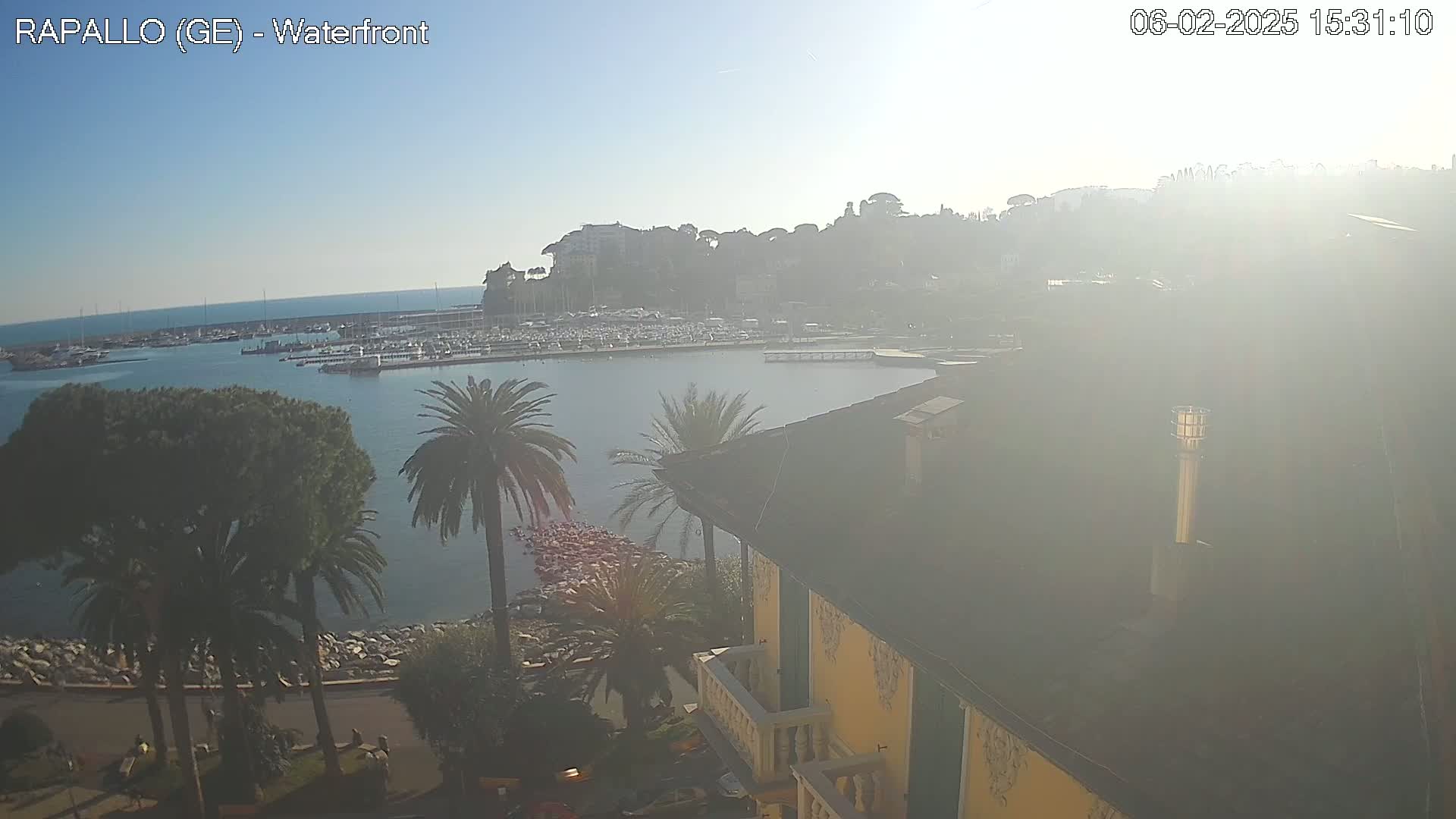 A hazy, sunny day overlooks a harbor filled with boats, a waterfront lined with palm trees and a building with a yellow facade.