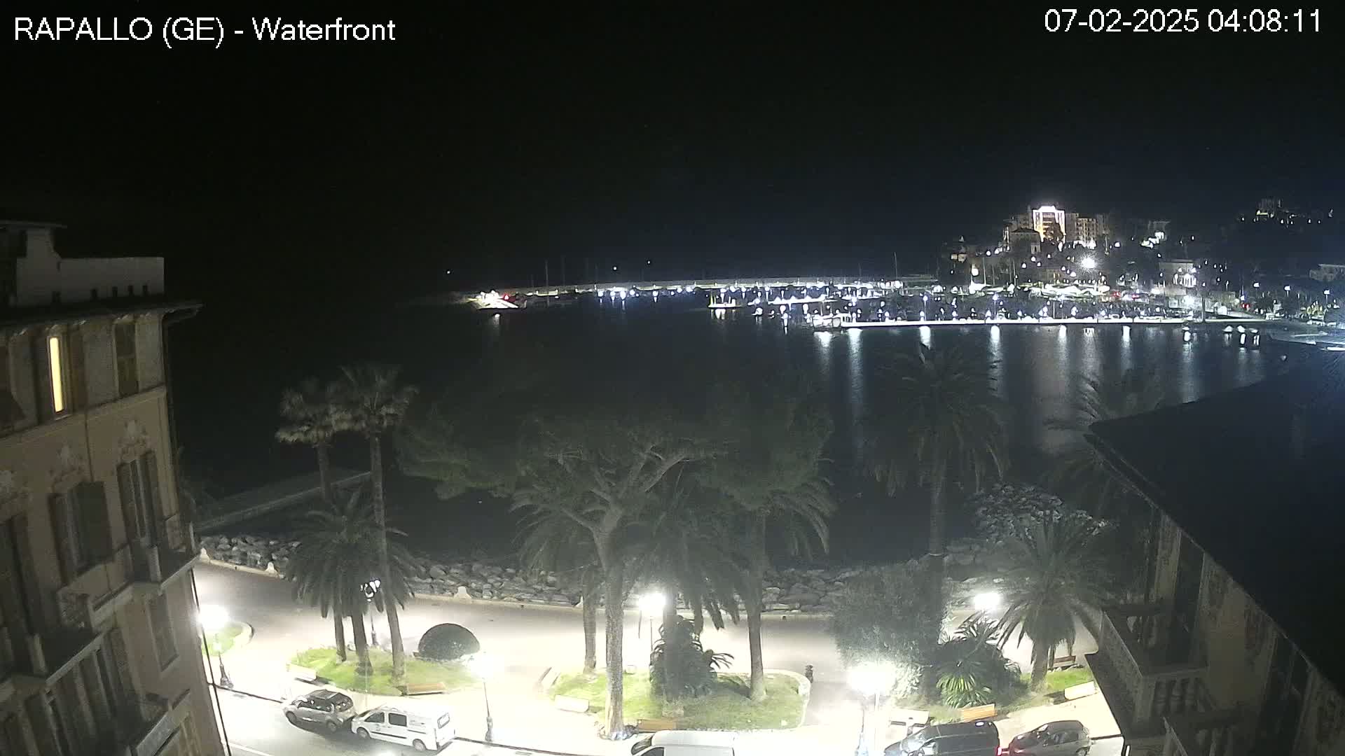 A nighttime view of a calm harbor filled with boats, illuminated buildings across the water, and palm trees lining a waterfront promenade with cars parked along the road.