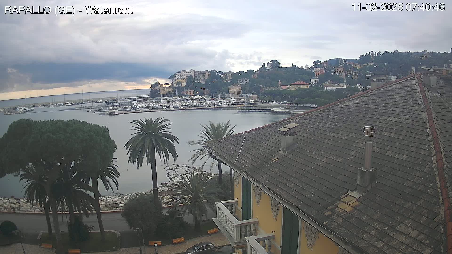 A view from a building's rooftop shows a harbor filled with boats, a waterfront lined with palm trees, and a hillside town under a cloudy sky.