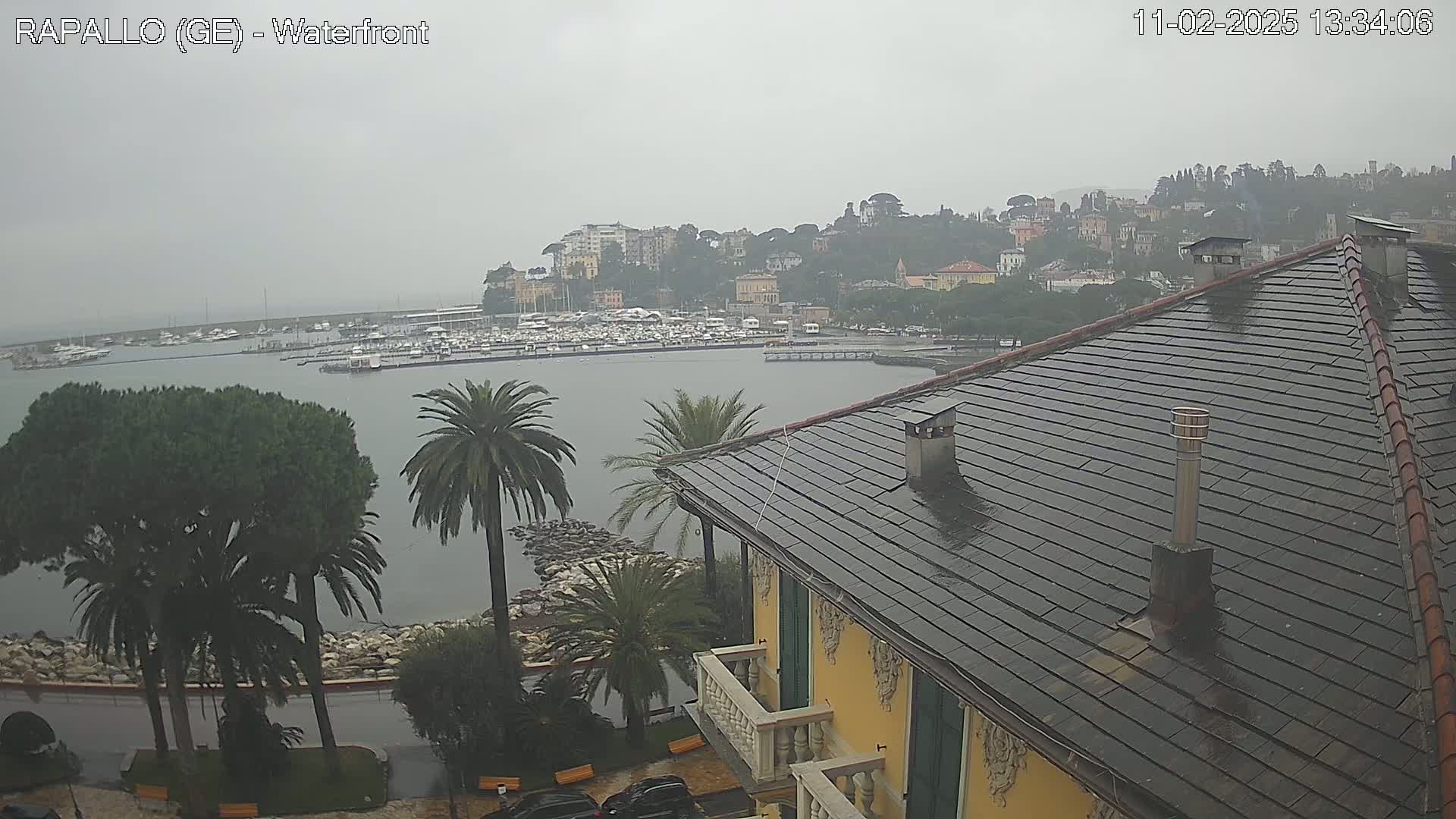 A rain-slicked waterfront view shows a harbor filled with boats, a town nestled on a hillside, and a portion of a building's rain-covered roof in the foreground.