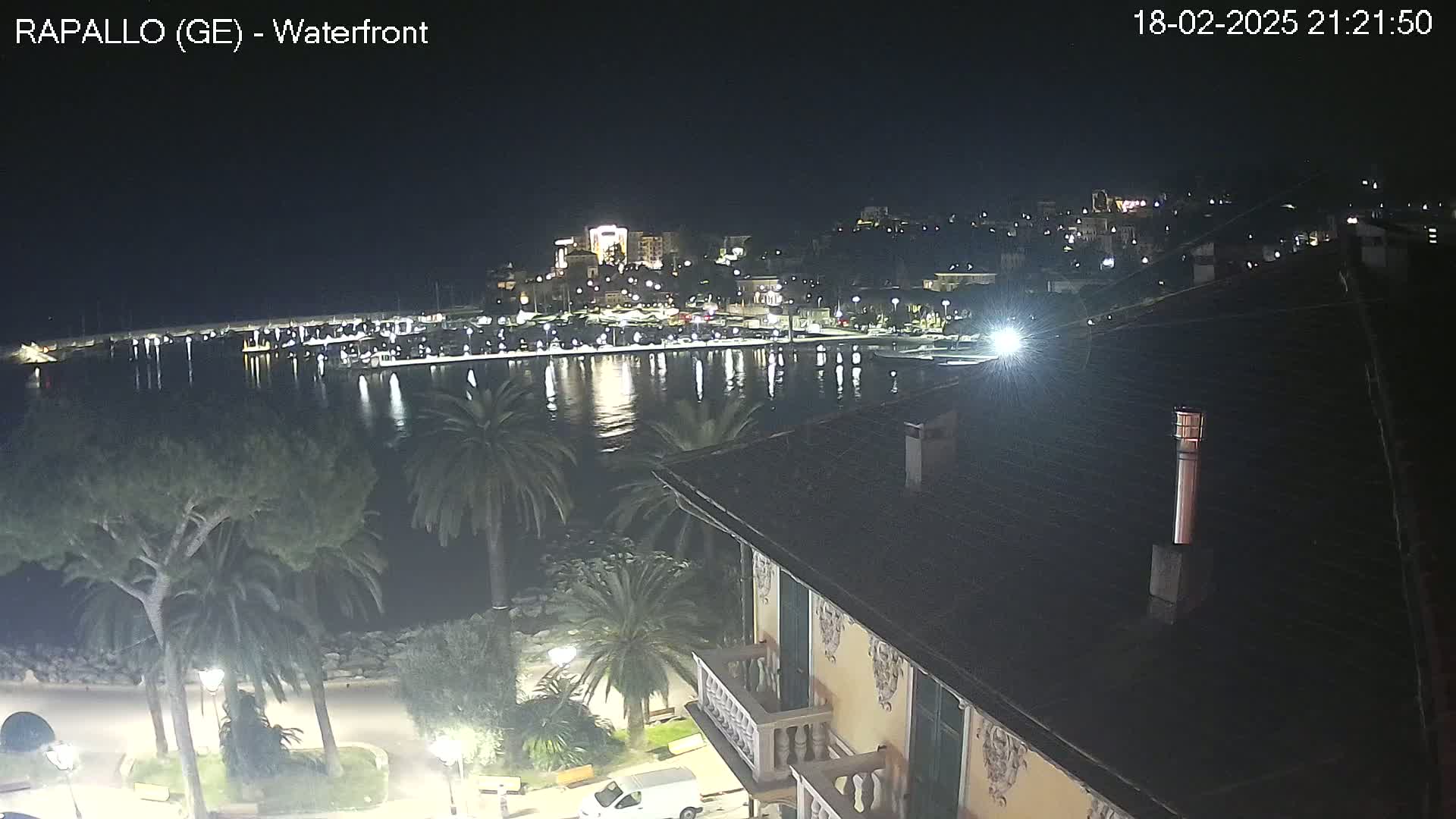 A nighttime view of a calm harbor reflecting city lights, seen from a rooftop overlooking palm trees and a waterfront promenade.