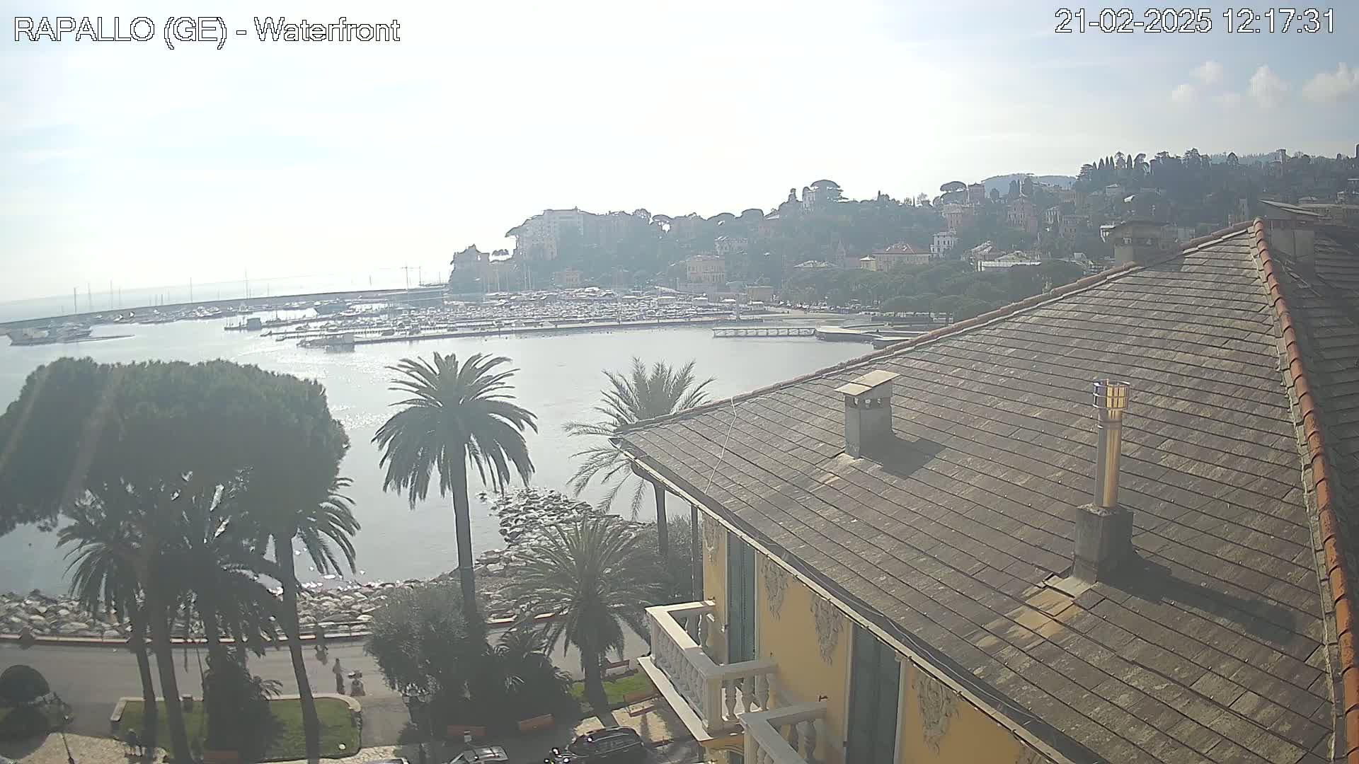 A hazy, sunny view from a building's rooftop overlooking a calm harbor filled with boats and a hillside town.