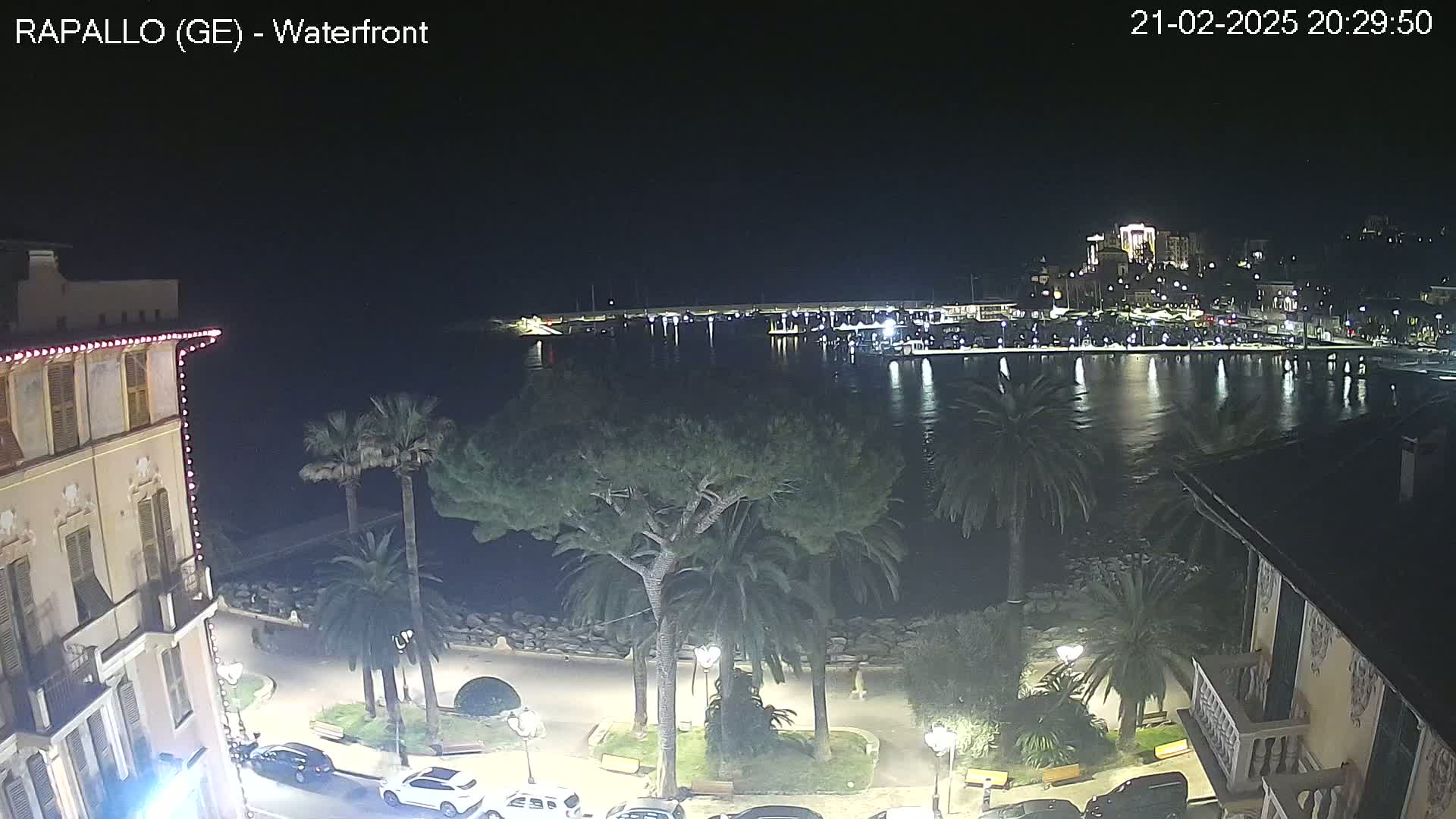A nighttime waterfront view shows a calm harbor with boats, palm trees lining a paved walkway, and buildings illuminated along the shore.