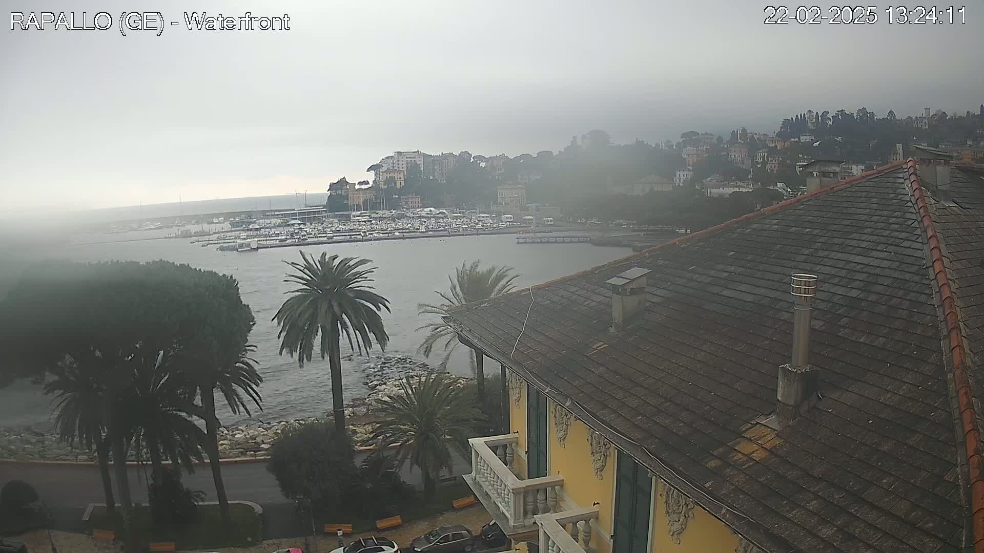 A hazy, overcast day reveals a waterfront view of a harbor filled with boats, a town nestled on a hillside, and a portion of a building with a tiled roof and balcony.
