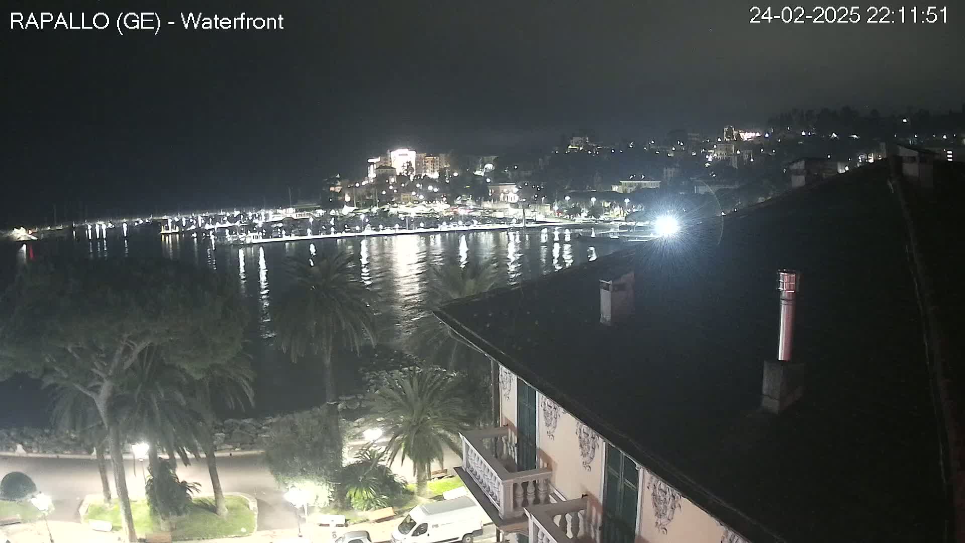 A nighttime view of a waterfront town with calm water reflecting city lights, seen from a rooftop overlooking palm trees and a harbor.