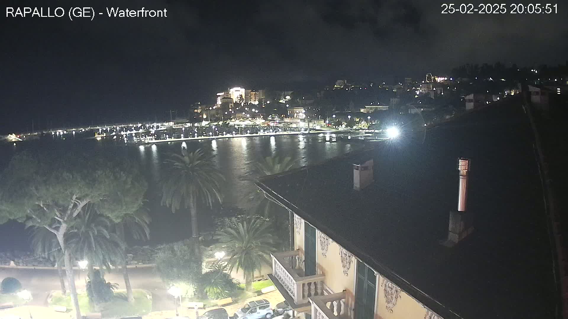 A nighttime view of a calm harbor, illuminated by city lights, seen from a rooftop overlooking a waterfront promenade with palm trees.