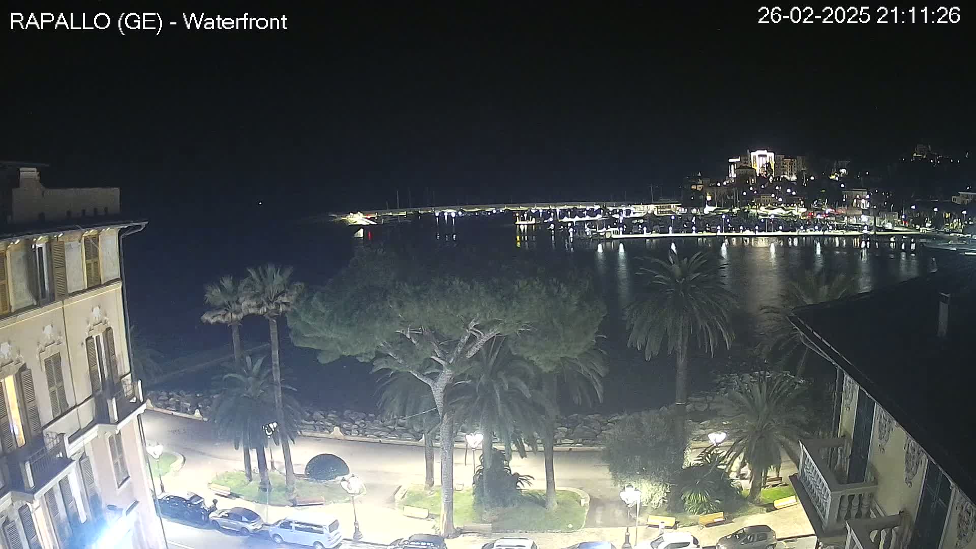 A nighttime waterfront scene shows a calm body of water reflecting lights from buildings and boats in a harbor, lined with palm trees and streetlights along a paved walkway.