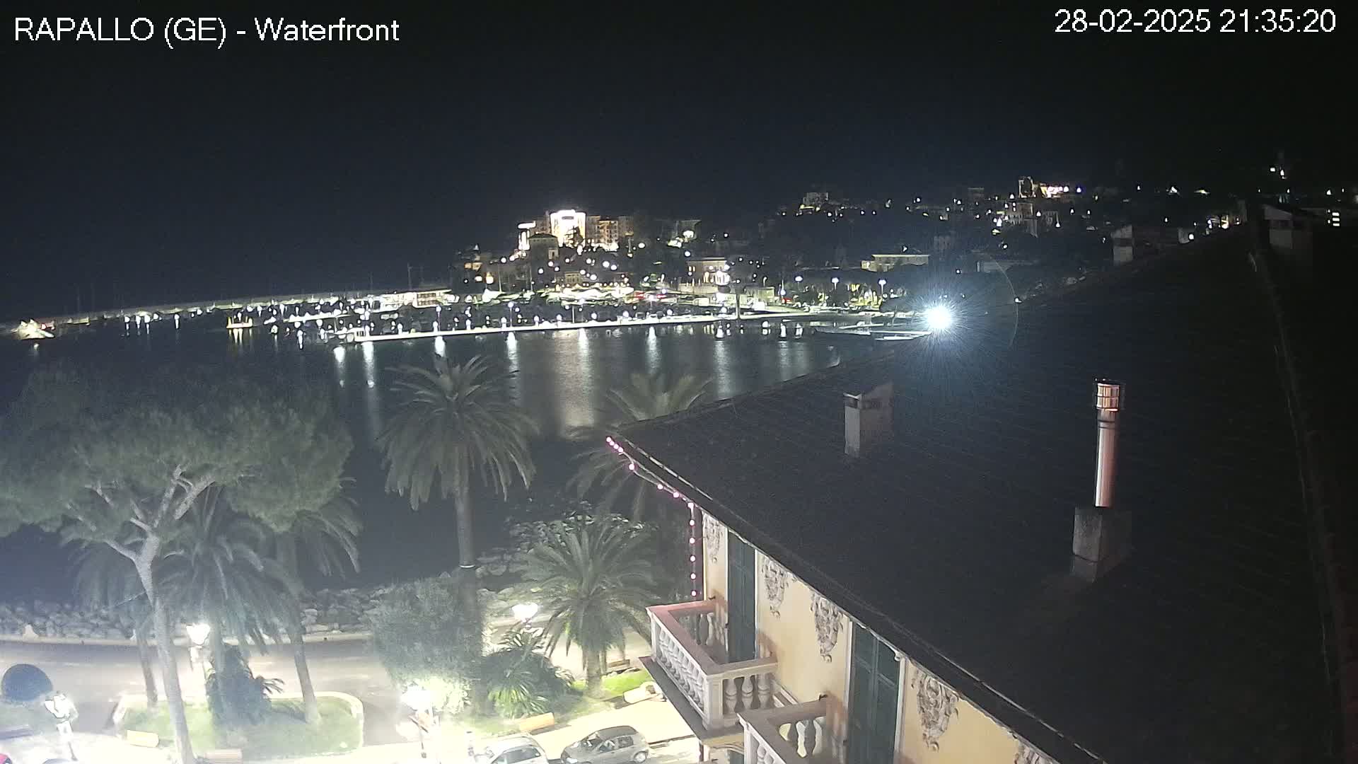 A nighttime view of a harbor town's waterfront, showing calm water reflecting lights from buildings and boats, with palm trees and a building in the foreground.