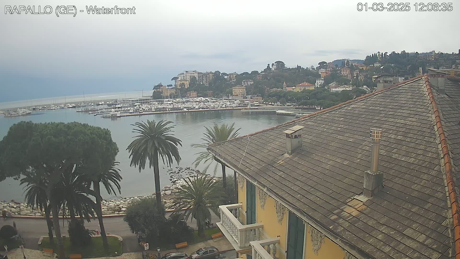 A harbor filled with boats is visible from an elevated viewpoint overlooking a town nestled on a hillside under an overcast sky.