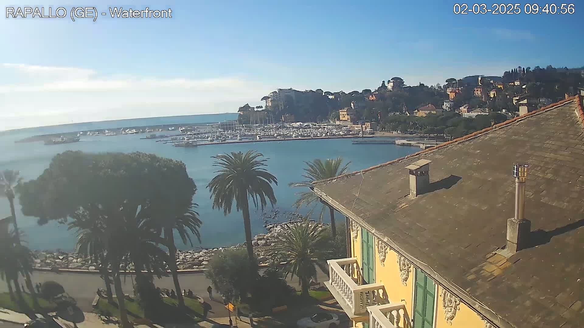 A waterfront view on a sunny day shows a harbor full of boats, a town built on a hillside, palm trees lining a walkway, and a yellow building with a grey roof in the foreground.