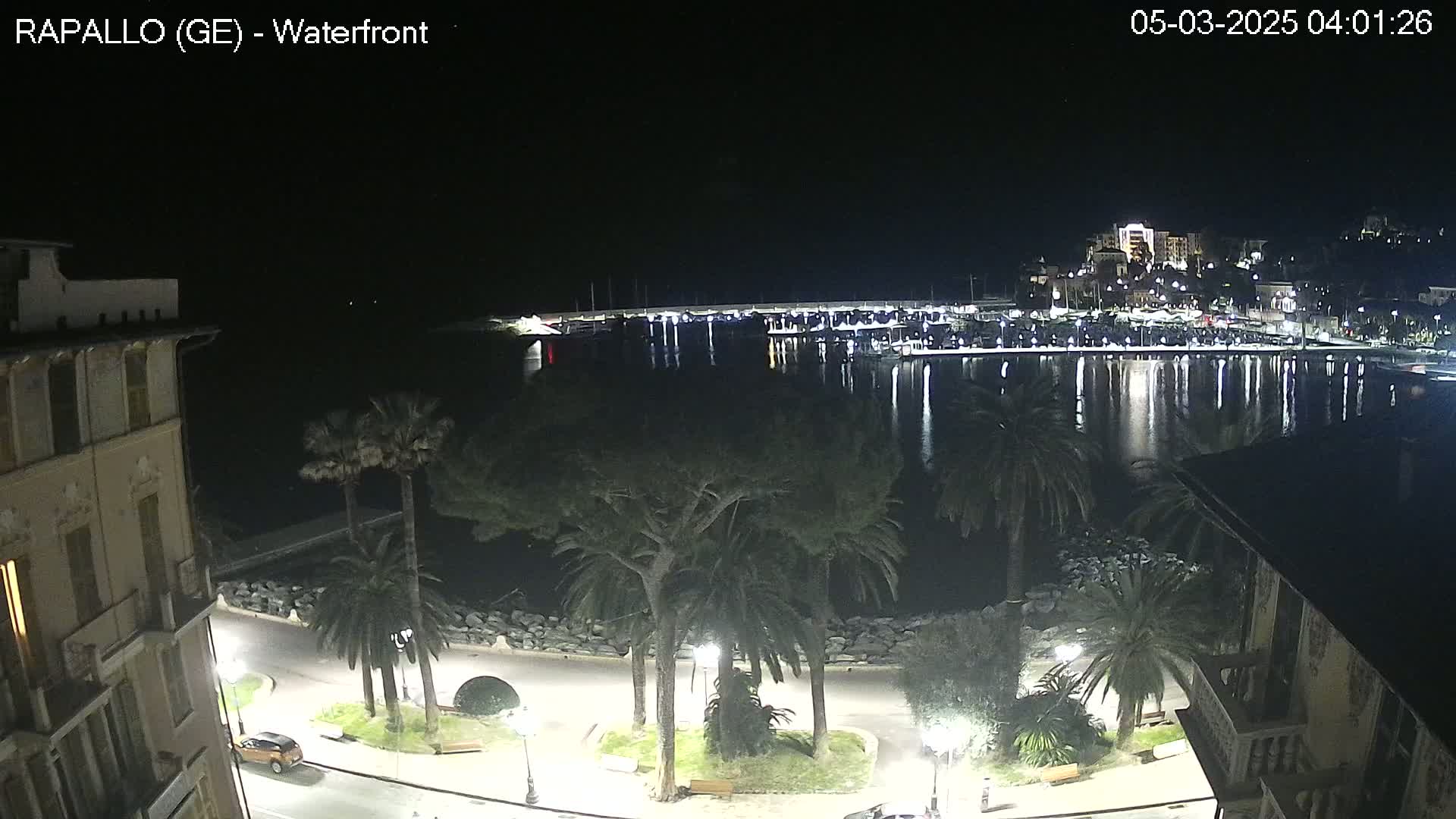 A nighttime view of a calm harbor, reflecting the lights of buildings and boats, with palm trees and streetlights illuminating a waterfront promenade.