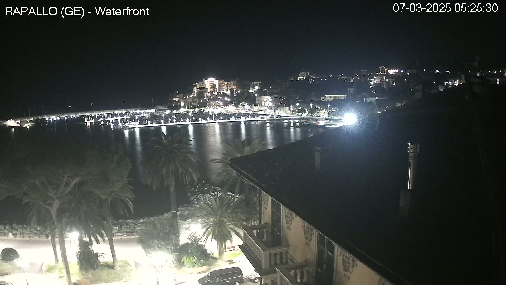 A nighttime view from a building overlooking a calm harbor filled with boats, a town illuminated by lights, and palm trees lining a waterfront promenade.