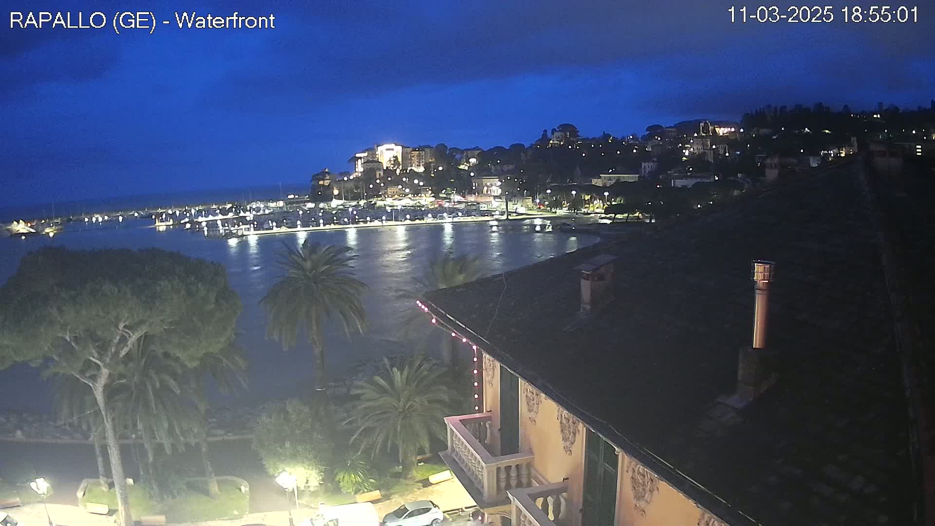 A nighttime view of a harbor filled with boats, a town lit up on a hill overlooking the water, and a portion of a building with a balcony in the foreground under a dark blue, mostly clear sky.