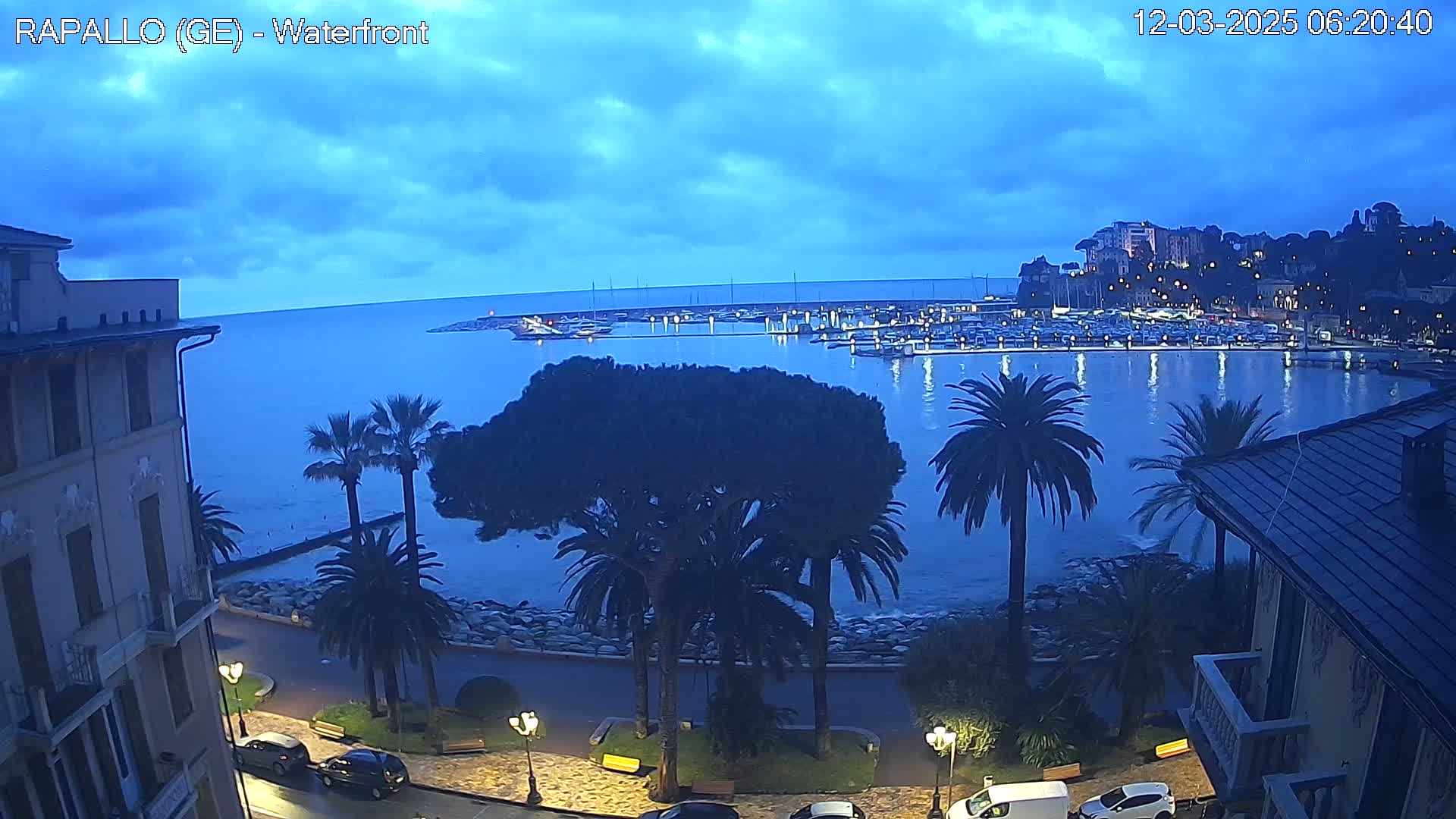 A twilight view of a harbor filled with boats, bordered by palm trees, buildings, and a calm sea under a partly cloudy sky.