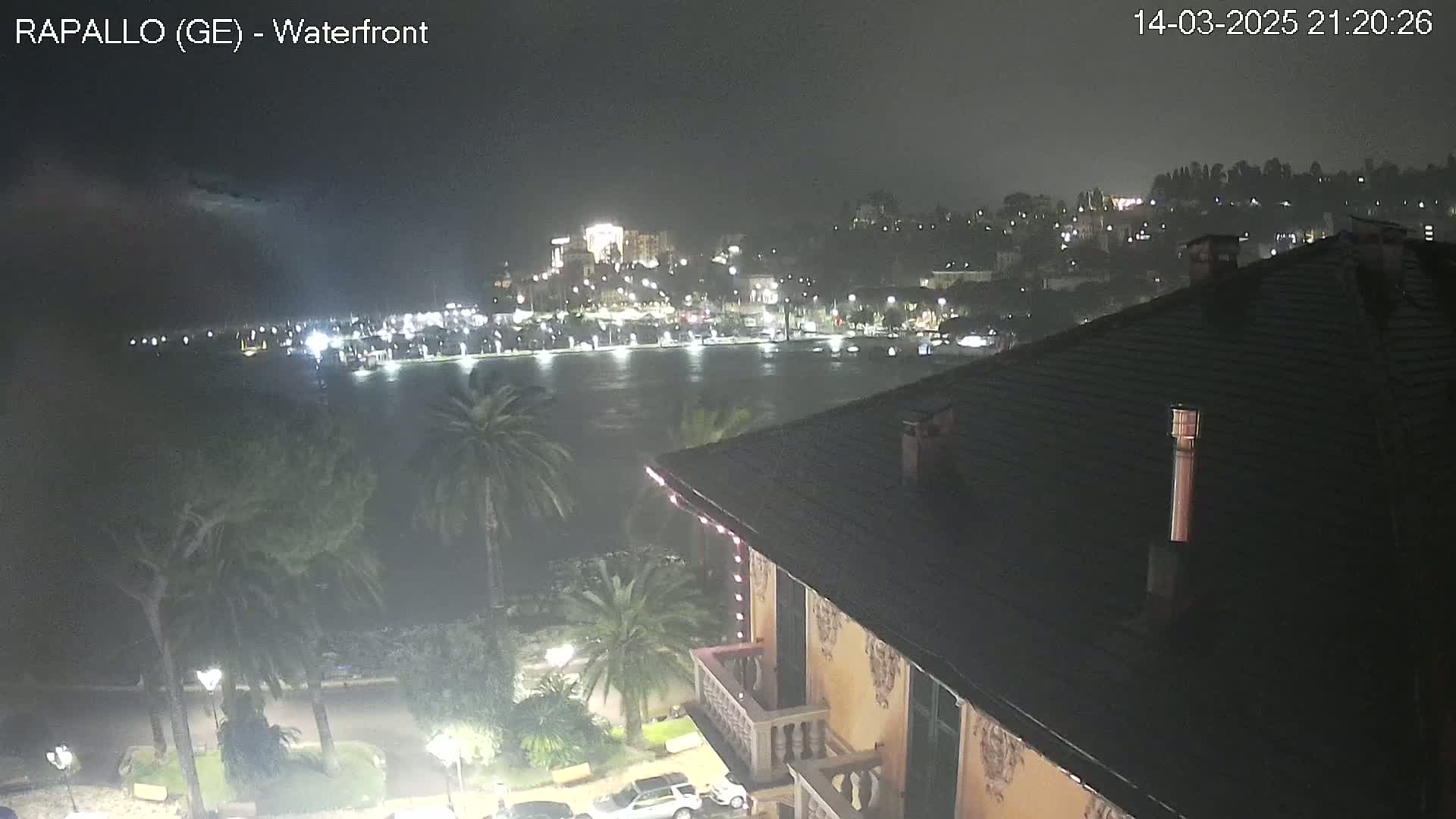 A nighttime view of a waterfront town across a dark body of water, with palm trees and a building in the foreground under a cloudy sky.