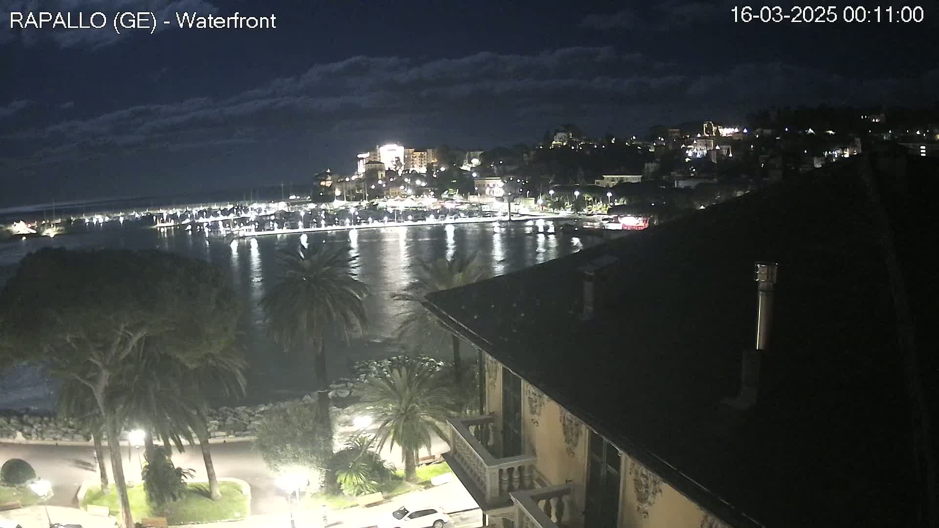 A nighttime view of a waterfront town with a marina, palm trees, and buildings illuminated, under a partly cloudy sky.