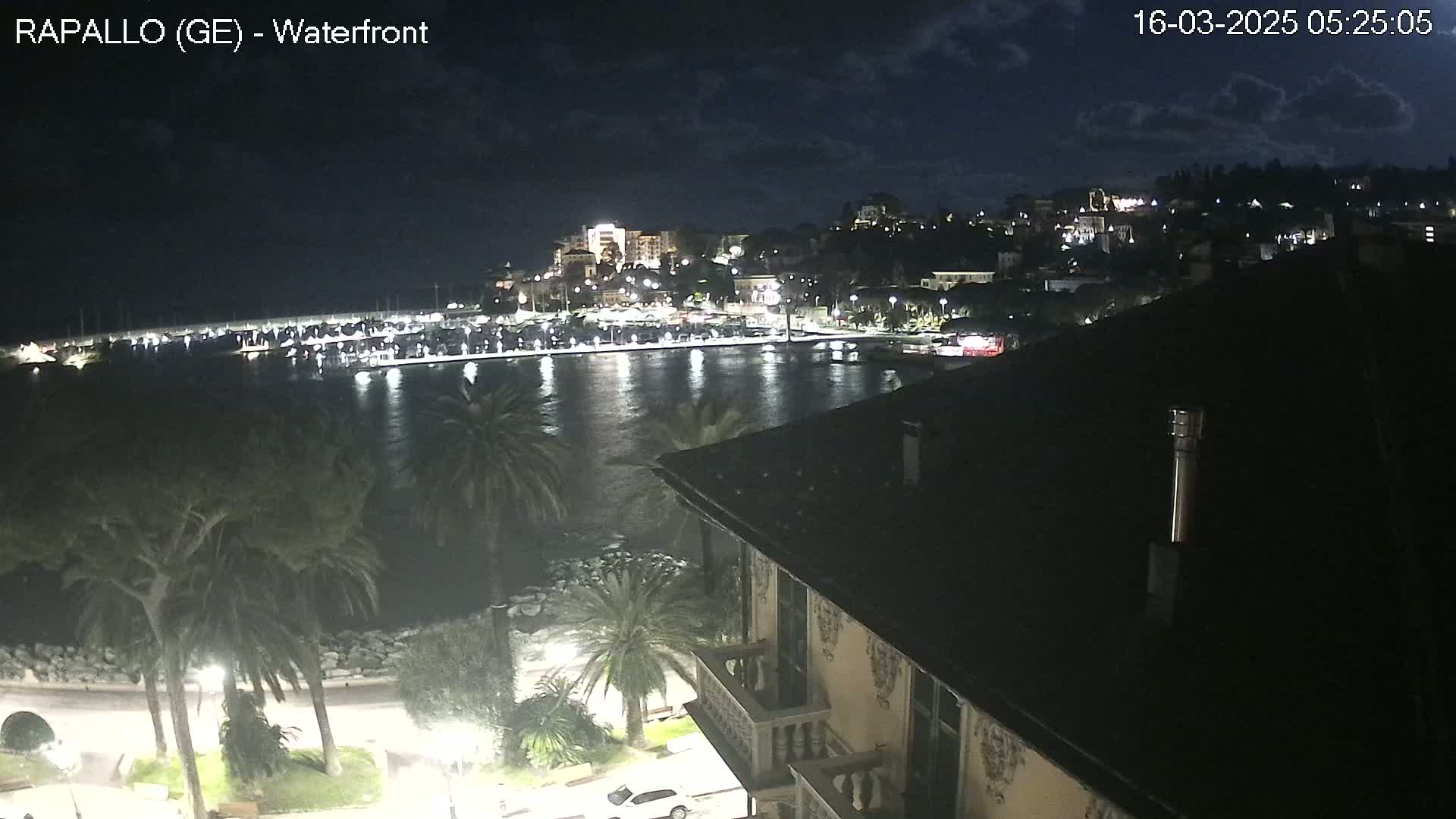 A nighttime view of a harbor town's waterfront, showing a calm body of water, a marina filled with boats, and palm trees lining a promenade under a partly cloudy sky.