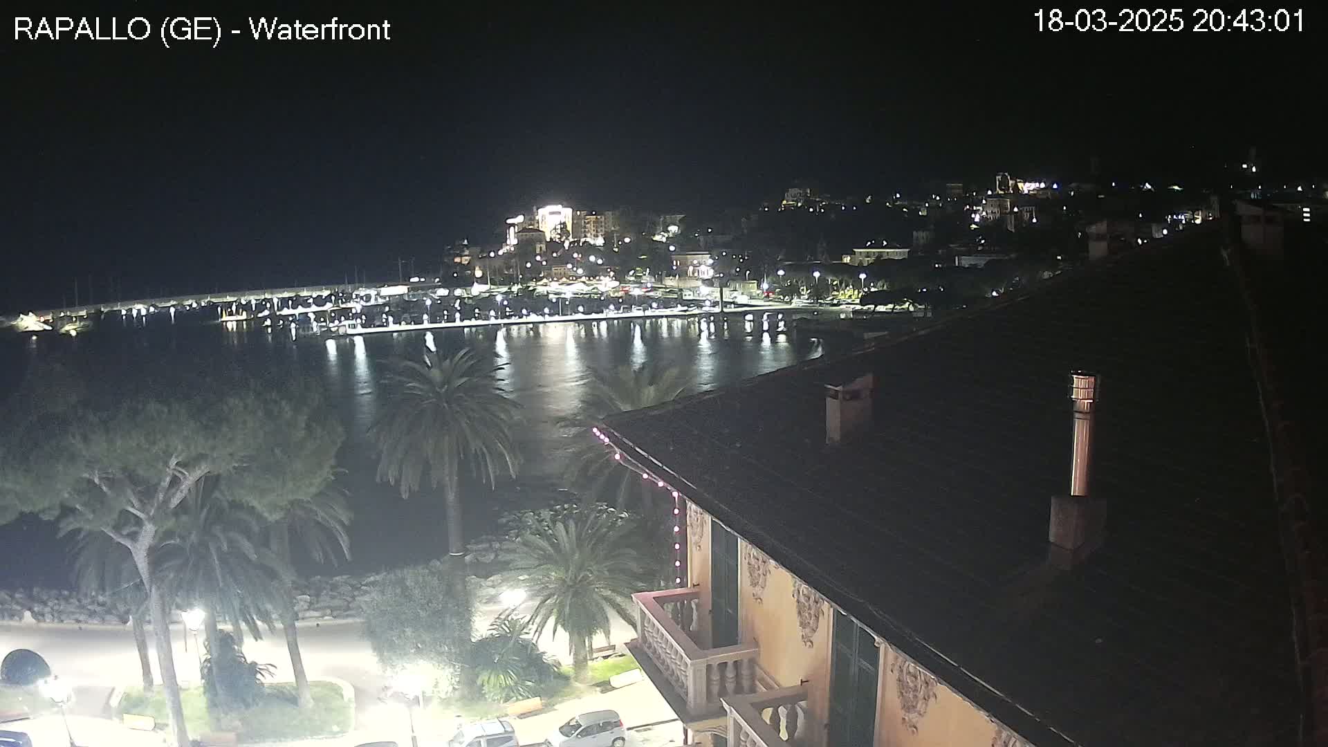 A nighttime view of a calm harbor and waterfront town, illuminated by lights from buildings and boats, seen from a rooftop vantage point.