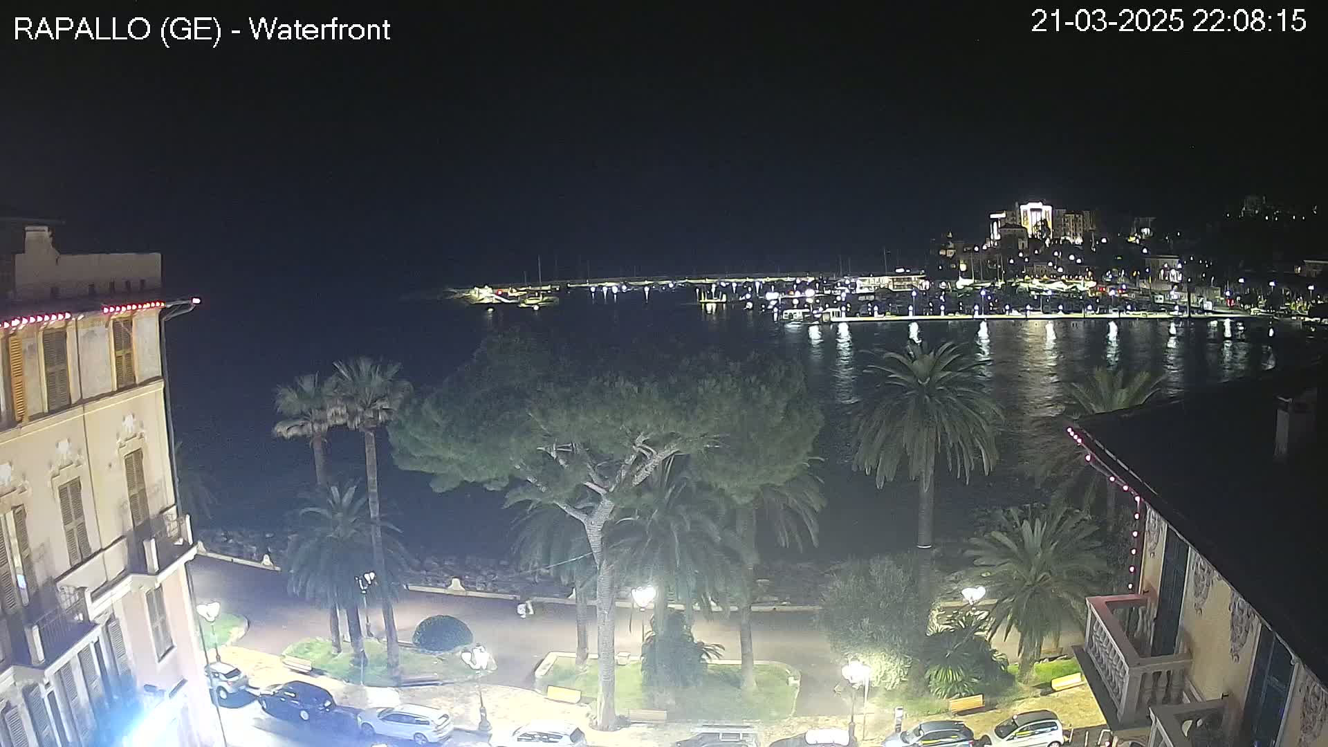 A nighttime view of a waterfront city, showing a calm body of water with boats, palm trees lining a paved walkway, and buildings illuminated along the shore.