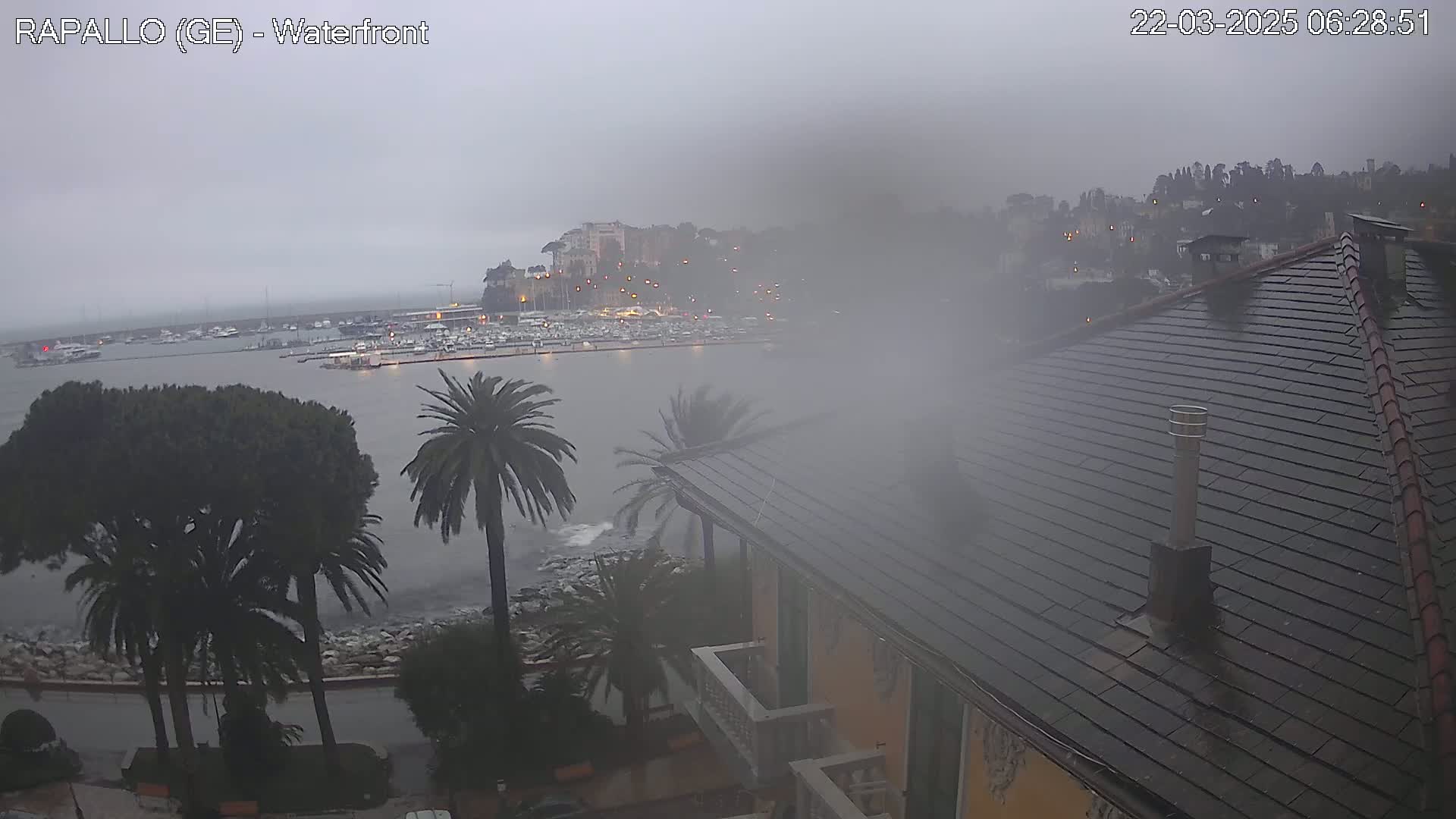A foggy, rainy day overlooks a harbor filled with boats, a town nestled on a hillside, and the dark gray roof of a building.