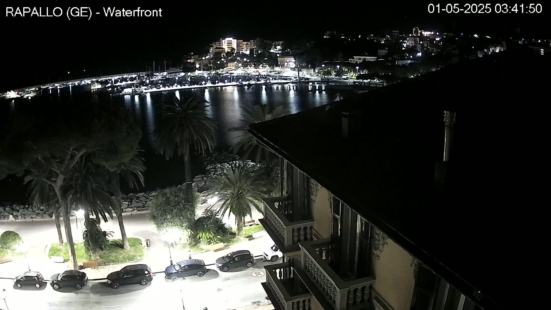 A nighttime view of a waterfront town with palm trees lining a street next to a calm body of water, featuring a harbor filled with boats and buildings illuminated on the opposite shore.