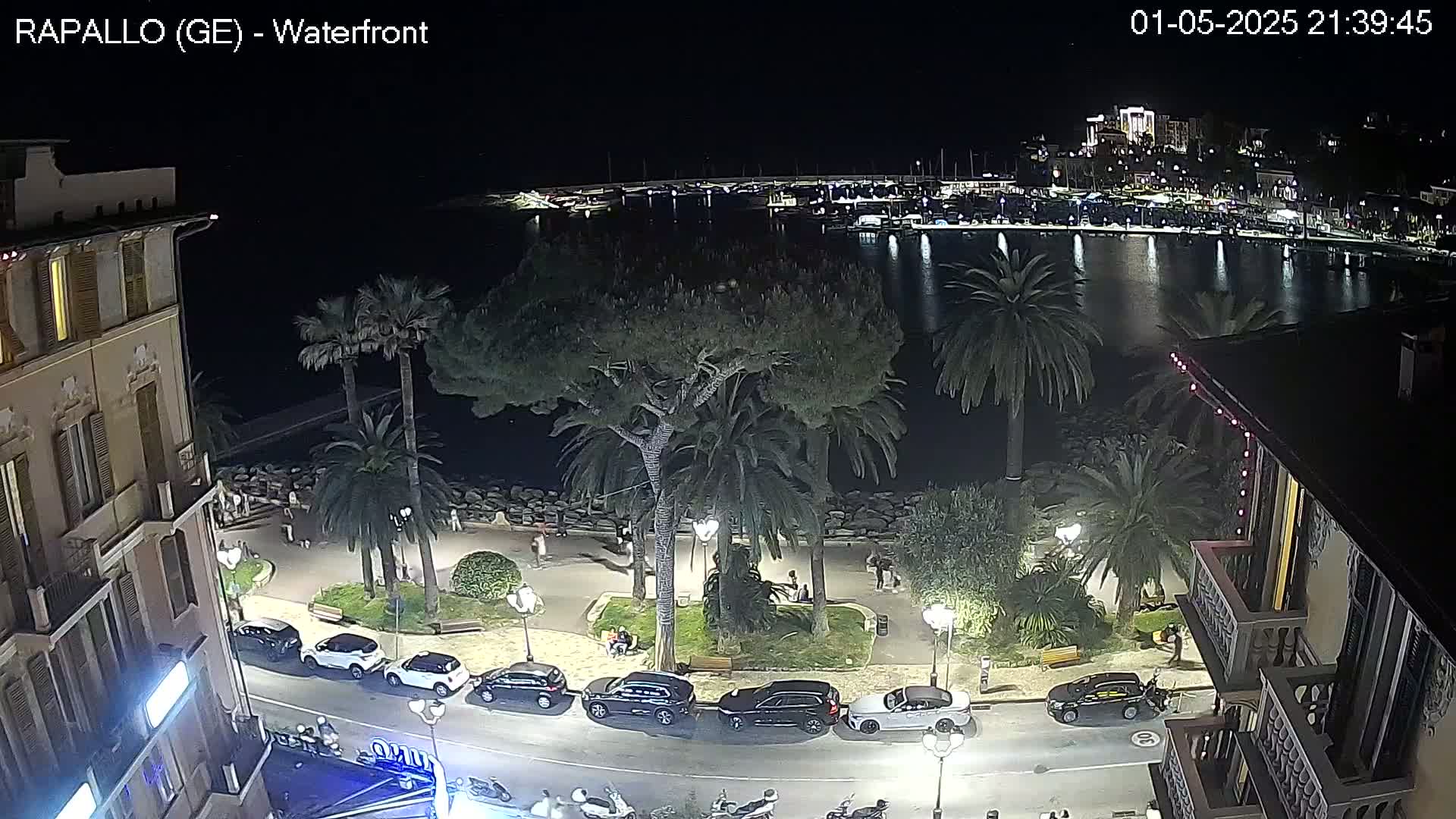 A nighttime waterfront scene shows a calm body of water with boats, palm trees lining a paved walkway with parked cars and people strolling, and a building in the foreground.