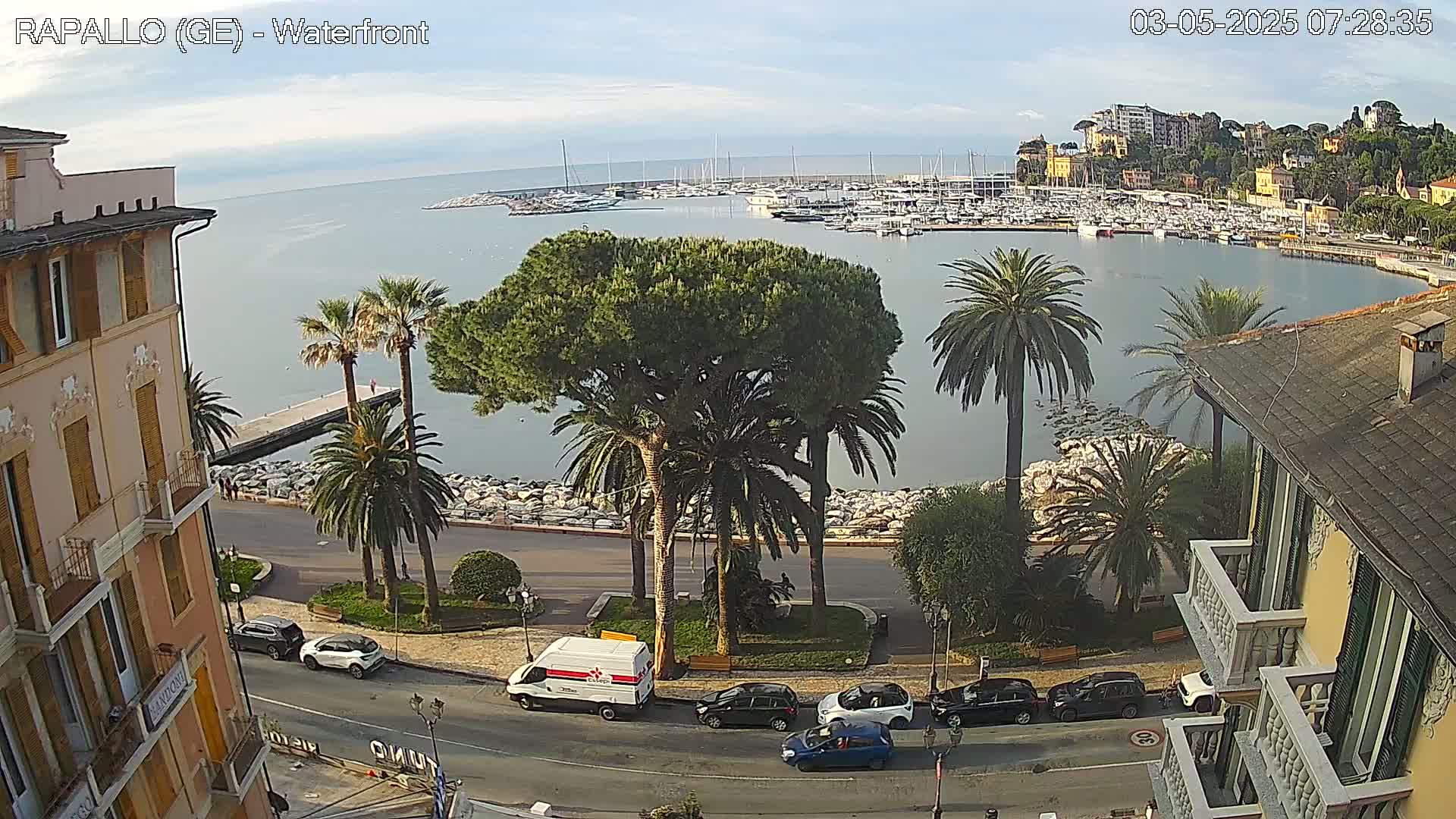 A waterfront view shows a calm sea harbor filled with boats, palm trees lining a paved road beside a rocky shore, and buildings in the background under a clear sky.