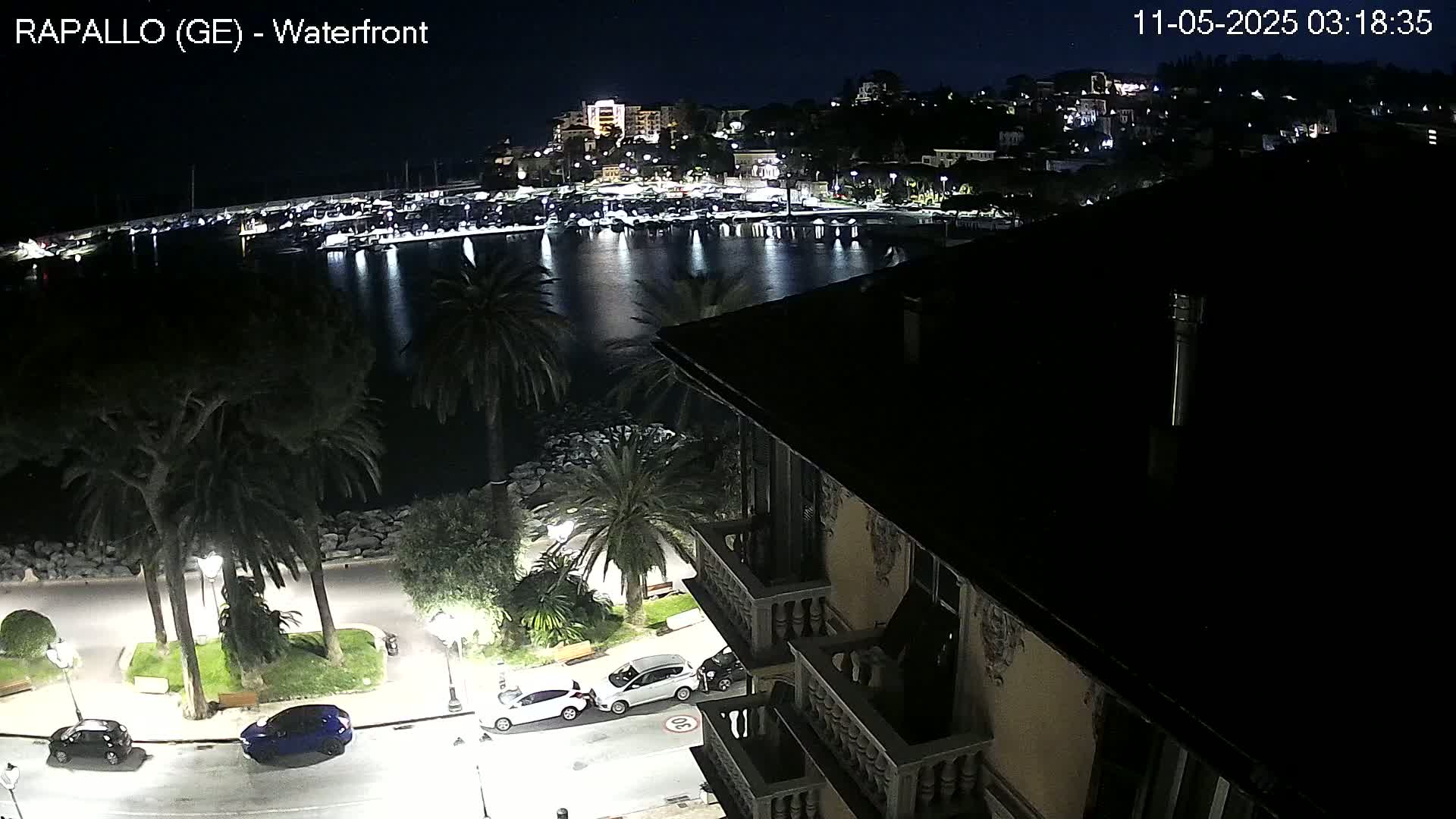 A nighttime view of a harbor filled with boats, a town illuminated with lights, and palm trees lining a waterfront street, seen from a building's balcony.