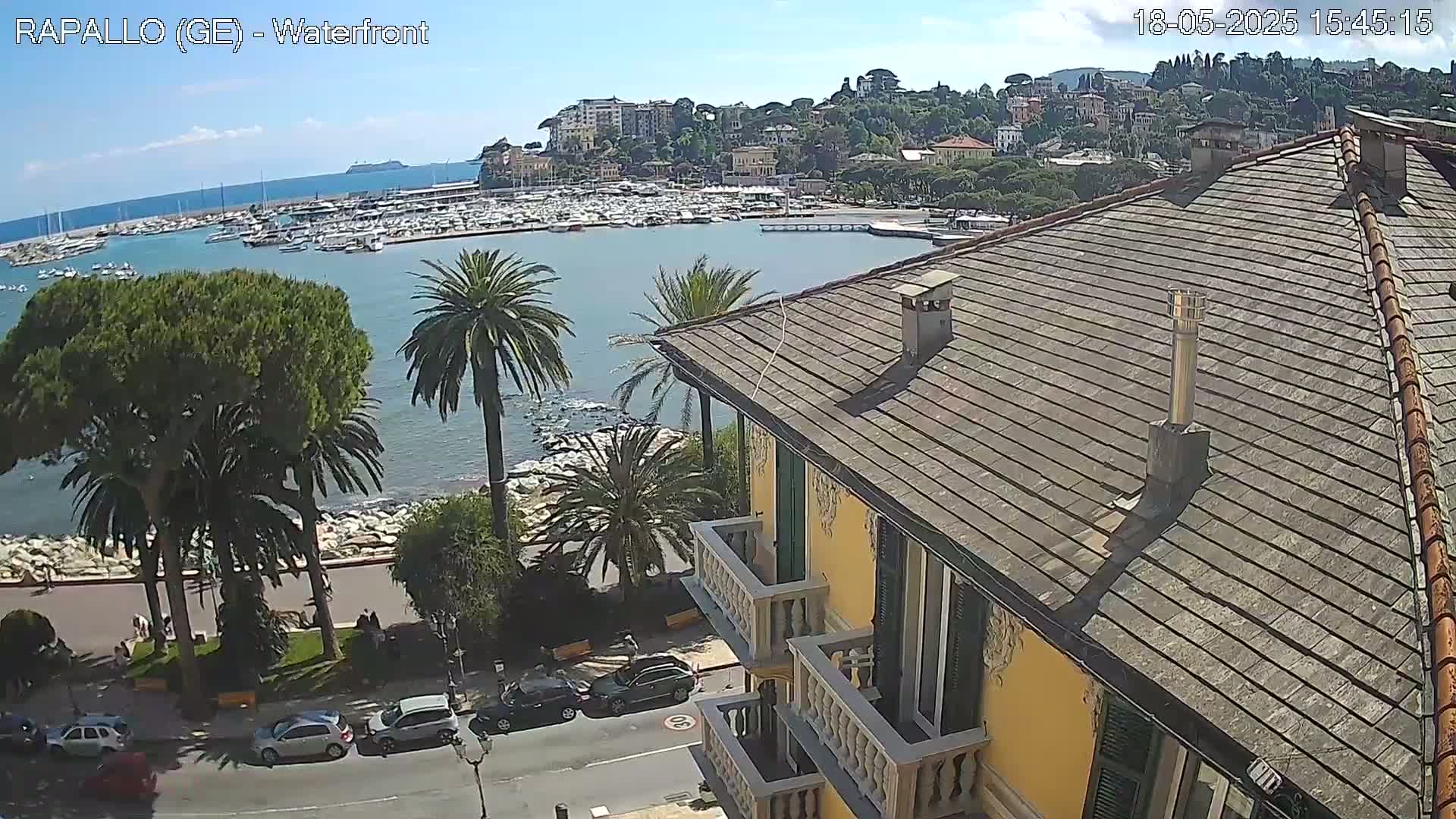 A sunny waterfront view shows a harbor filled with boats, a town nestled on a hillside, palm trees lining a paved walkway, and a yellow building with balconies overlooking the scene.