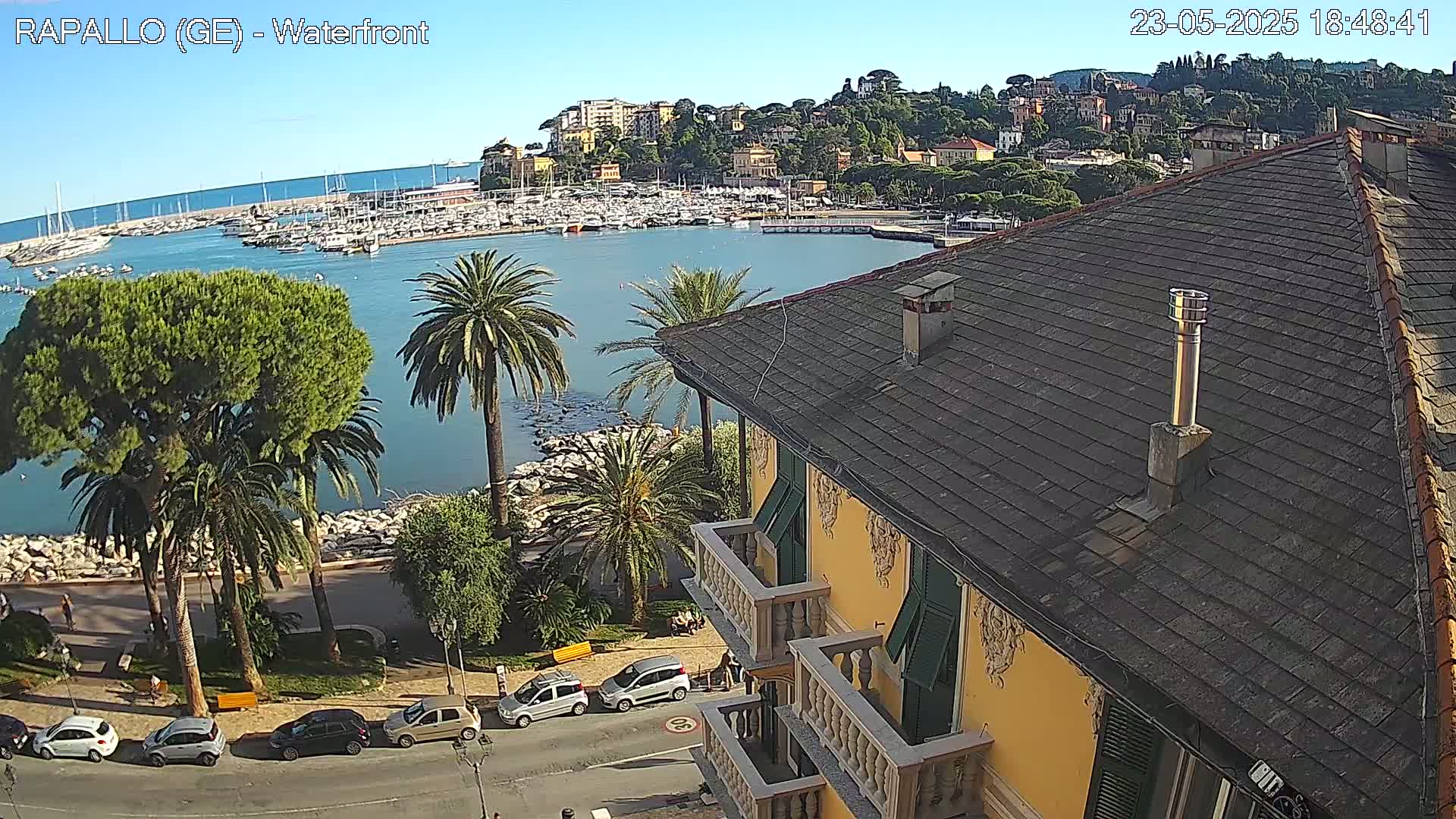 A waterfront view of a harbor filled with boats, a town nestled on a hillside, and a yellow building with a dark roof overlooking a palm tree-lined street on a clear, sunny day.
