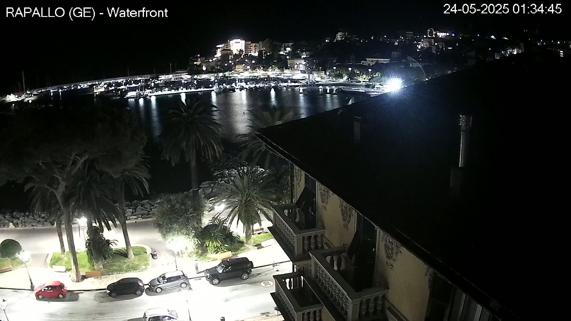 A nighttime view from a building overlooking a calm harbor filled with boats, a waterfront promenade lined with palm trees and parked cars, and a town illuminated in the distance.
