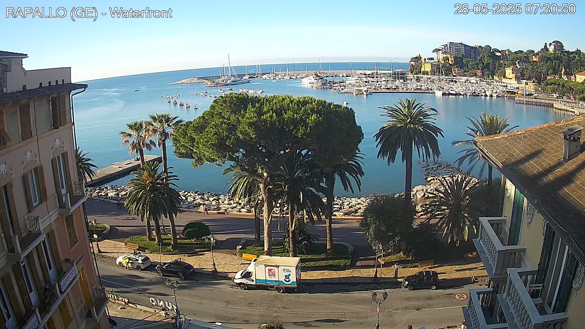 A waterfront scene on a sunny day shows a harbor filled with boats, palm trees lining a roadway, and buildings along the shore.
