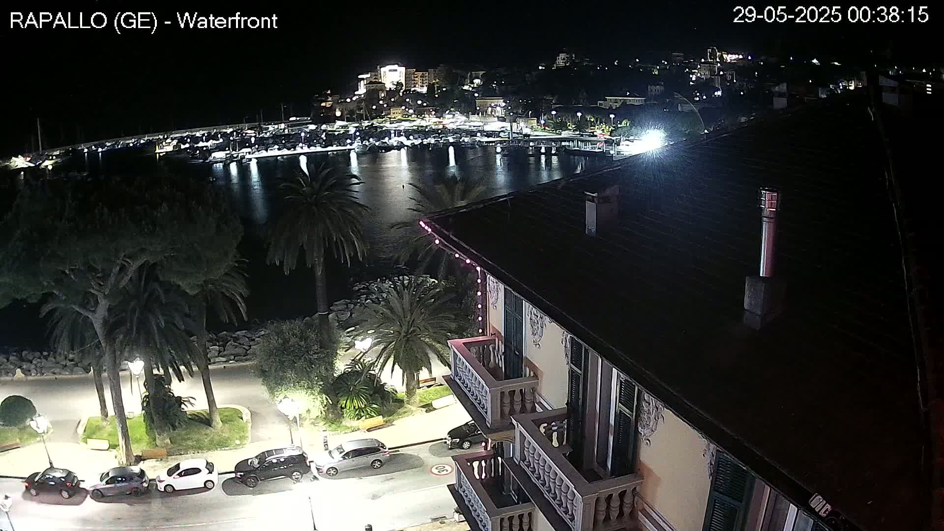 A nighttime view from a building overlooking a harbor filled with boats, a waterfront promenade lined with palm trees and parked cars, and a town illuminated in the distance.