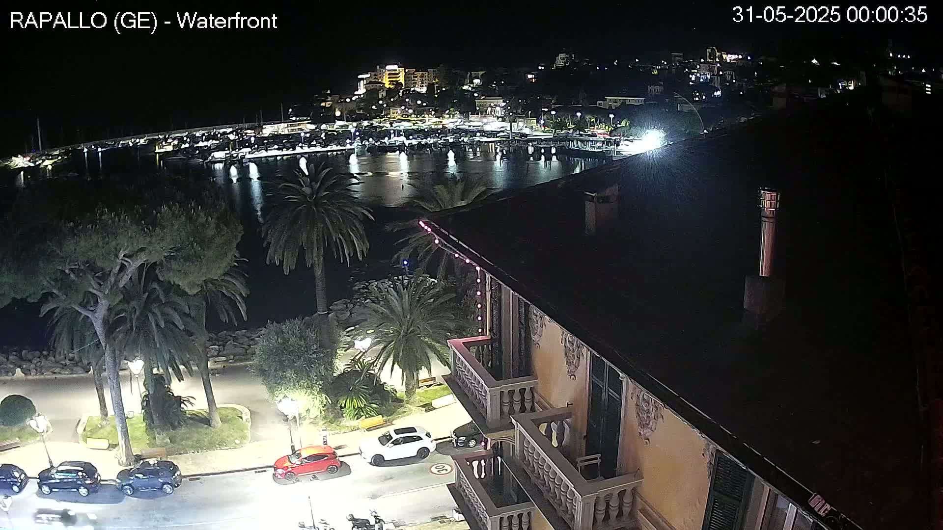 A nighttime view from a building overlooking a calm harbor filled with boats, a waterfront lined with palm trees and cars, and a town illuminated in the background.