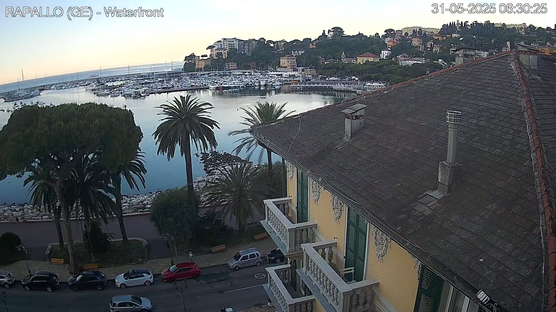 A waterfront view of a harbor filled with boats, a town nestled on a hillside, and palm trees lining a roadway next to a building with a gray roof and balconies under a partly cloudy sky.