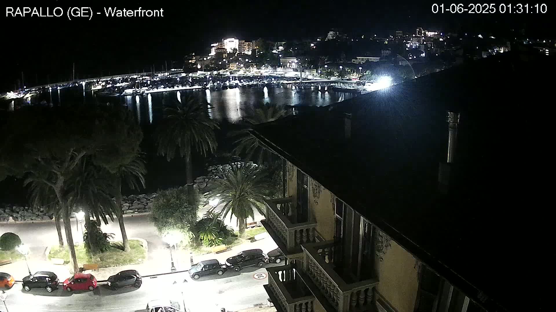 A nighttime view from a building overlooking a harbor filled with boats, a waterfront promenade with palm trees and parked cars, and a town illuminated in the distance.
