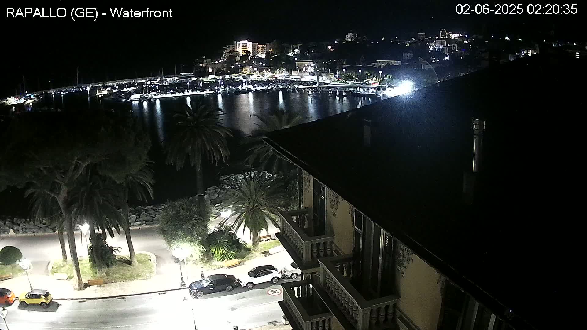 A nighttime view from a building overlooking a harbor filled with boats, a waterfront lined with palm trees and streetlights, and a town illuminated in the distance.